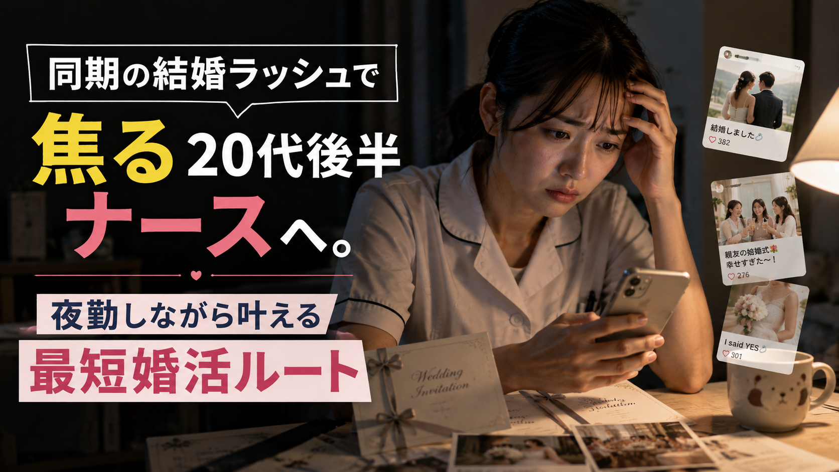 同期の結婚ラッシュに焦りを感じスマートフォンを見ながら婚活について悩む20代後半の女性看護師
