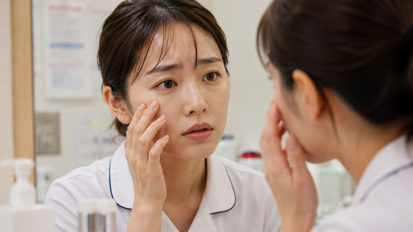 夜勤明けに鏡を見ながら頬に触れ、肌のハリやエイジングサインを確認する20代後半の女性看護師