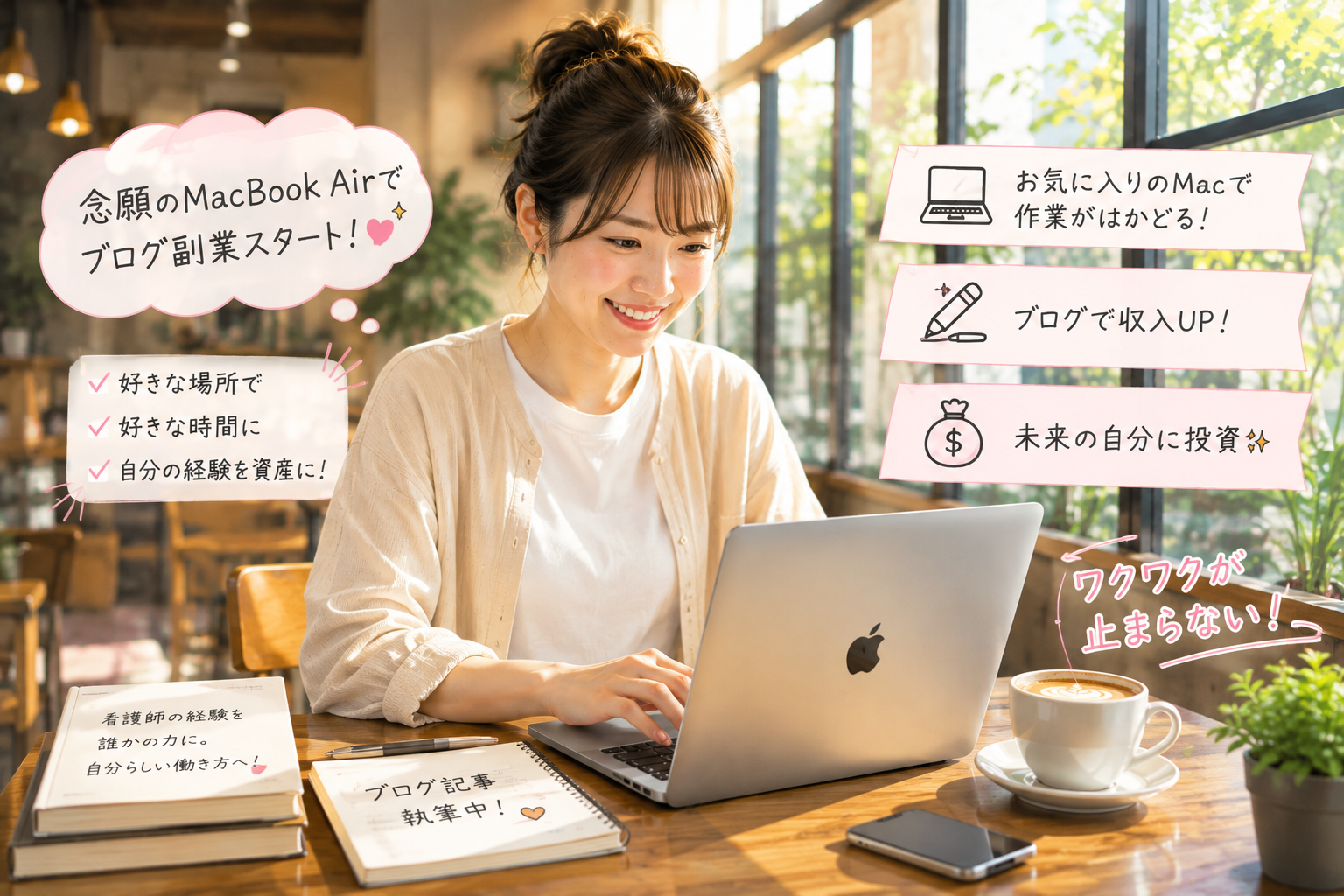 念願のMacBook Airを手に入れ、休日のカフェで楽しみながらブログ副業(記事執筆)に取り組む女性