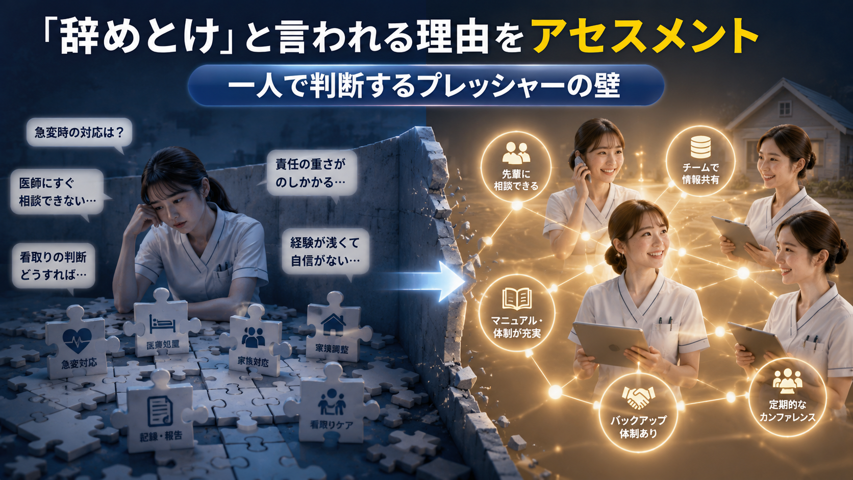 新人看護師が訪問看護で一人で判断するプレッシャーと、先輩への相談や情報共有などチームの支援体制がある環境を比較した図解