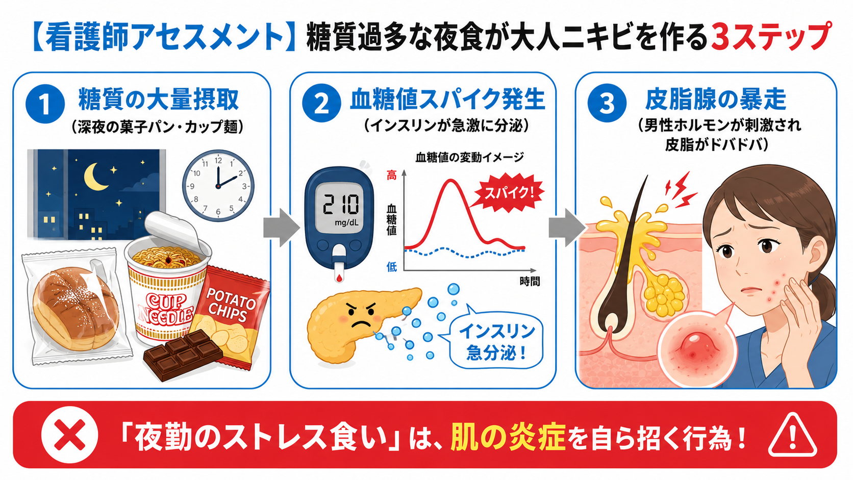 夜勤中の糖質過多な夜食が、血糖値スパイクとインスリン分泌を経て皮脂の過剰分泌や大人ニキビにつながる流れを3ステップで解説した看護師向け図解
