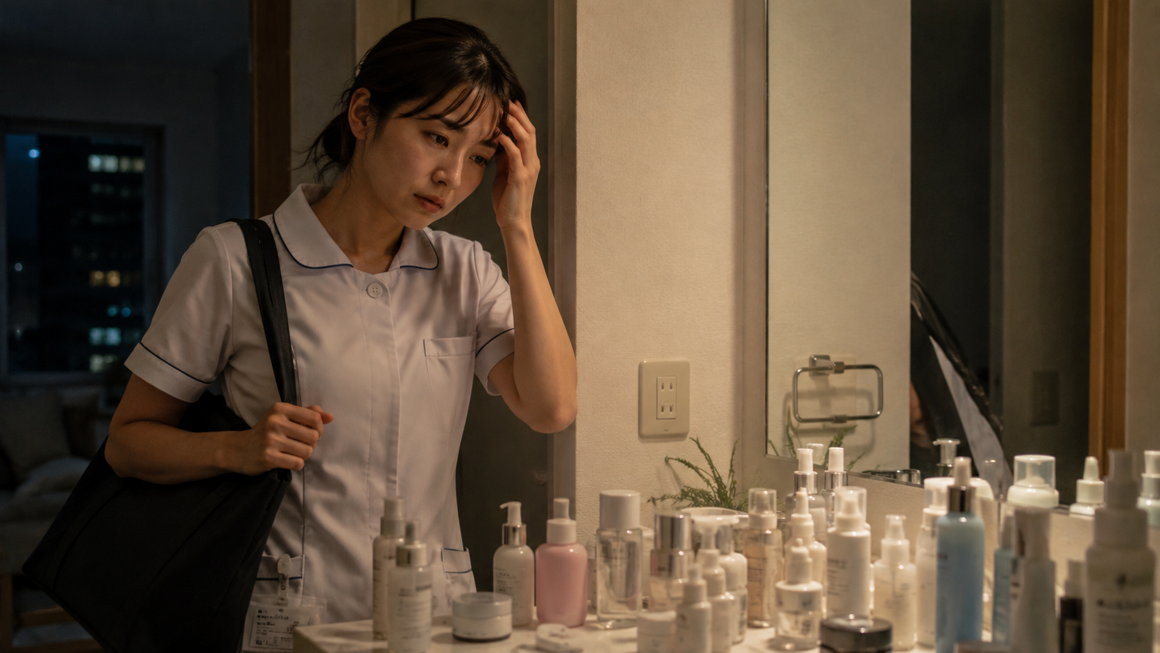 夜遅く帰宅し、洗面台に並ぶ多くのスキンケア用品を前に疲れ切ってケアする気力が出ない女性看護師