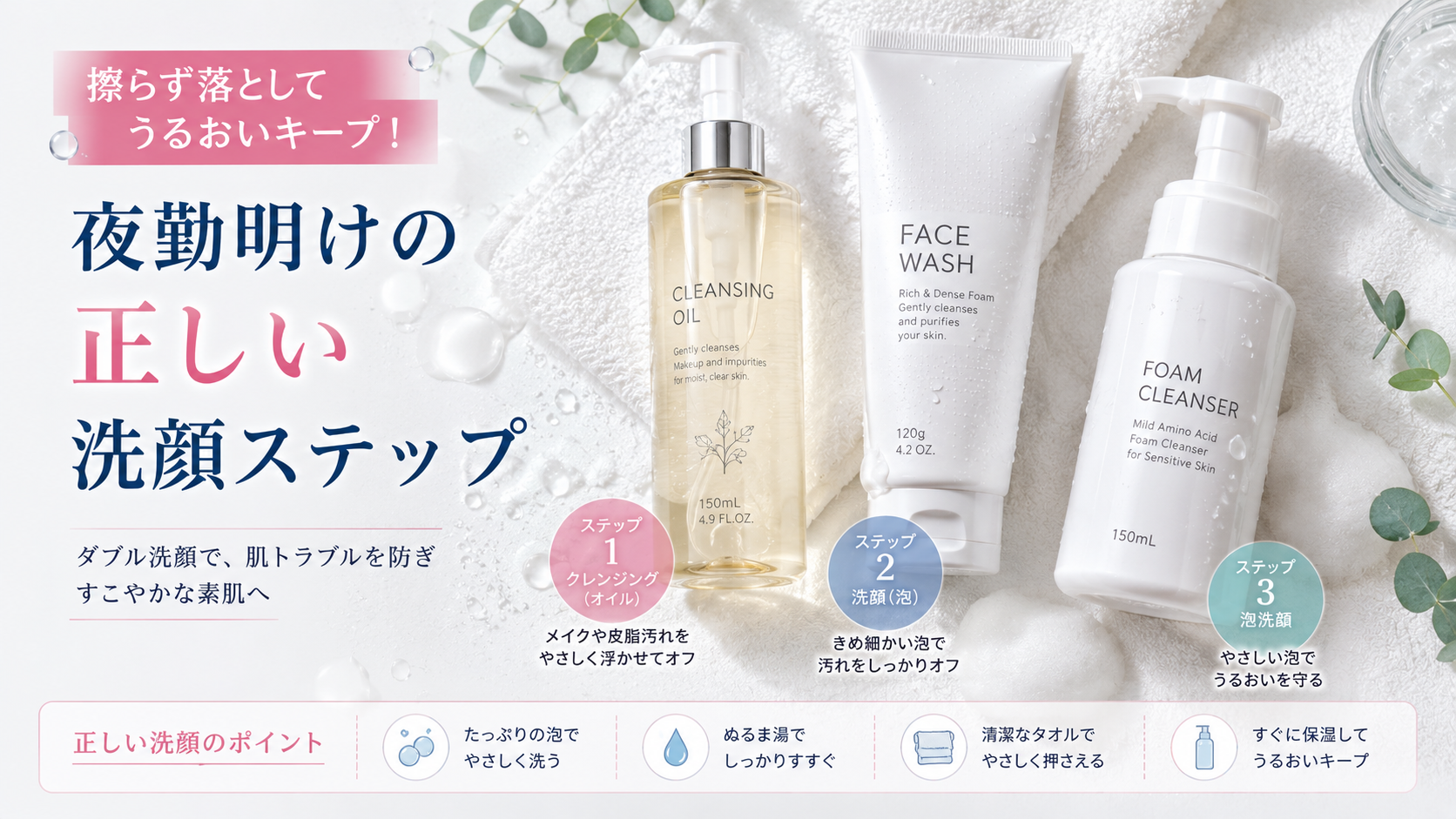 クレンジングオイルと泡洗顔料を使い、擦らず汚れを落としてうるおいを守る夜勤明けの正しい洗顔ステップ