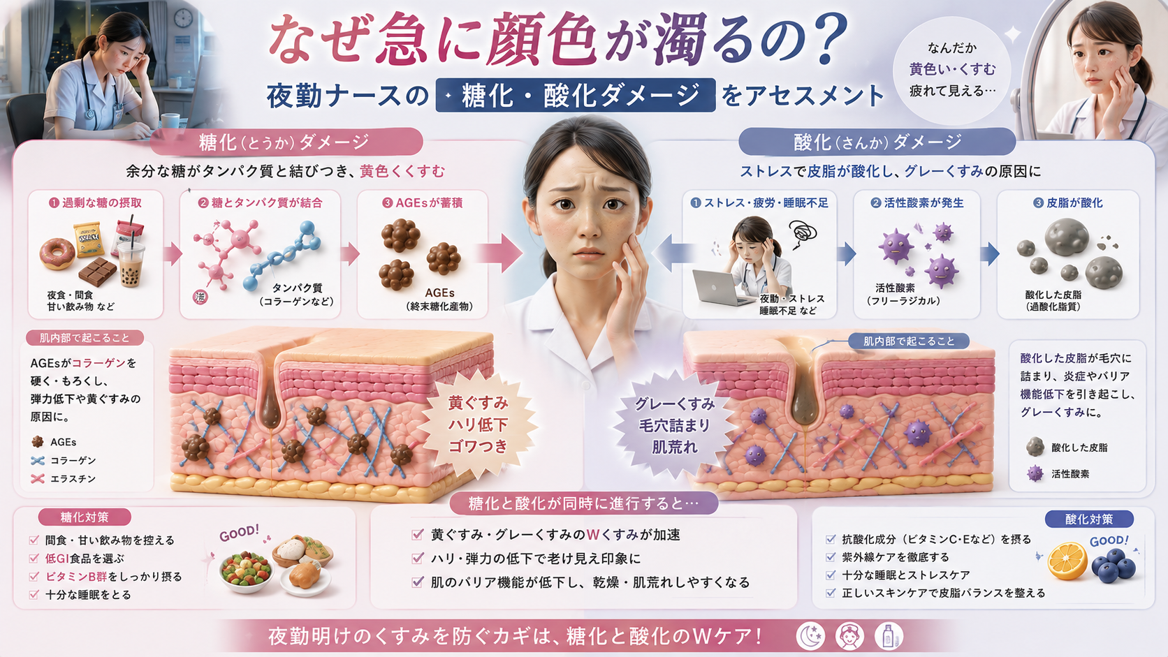 夜勤中の間食による糖化で起こる黄ぐすみと、ストレスや睡眠不足による皮脂の酸化で起こるグレーぐすみのメカニズムを比較した図解