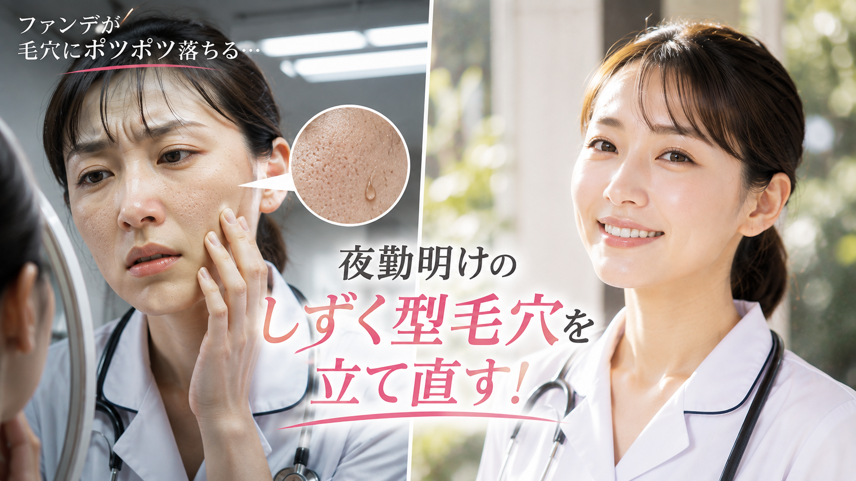 夜勤明けの頬に目立つしずく型毛穴に悩む女性看護師と、毛穴が目立ちにくいなめらかでハリのある肌になった女性看護師の比較イメージ