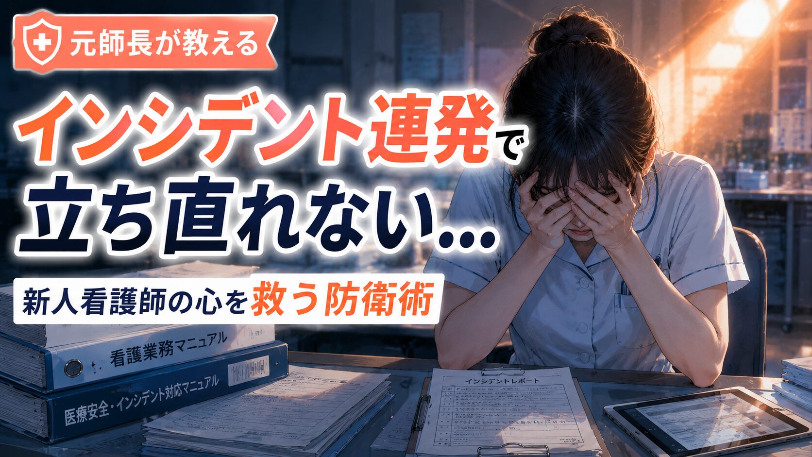 インシデントを連続で起こし落ち込む新人看護師と、解決策（iPad等）を示唆する希望の光のイメージ