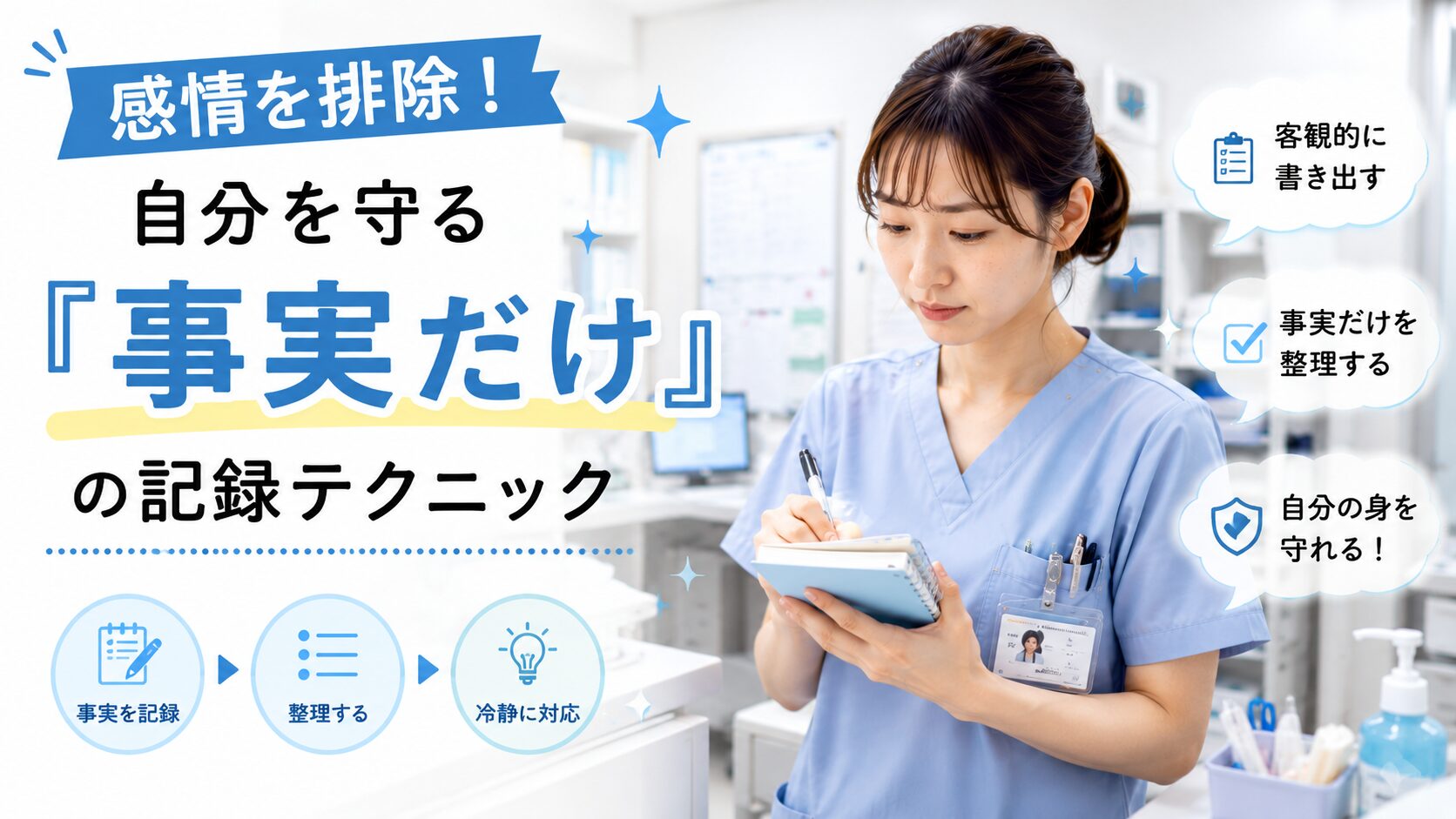 事実と感情を分けて落ち着いてメモ帳に記録する2年目看護師