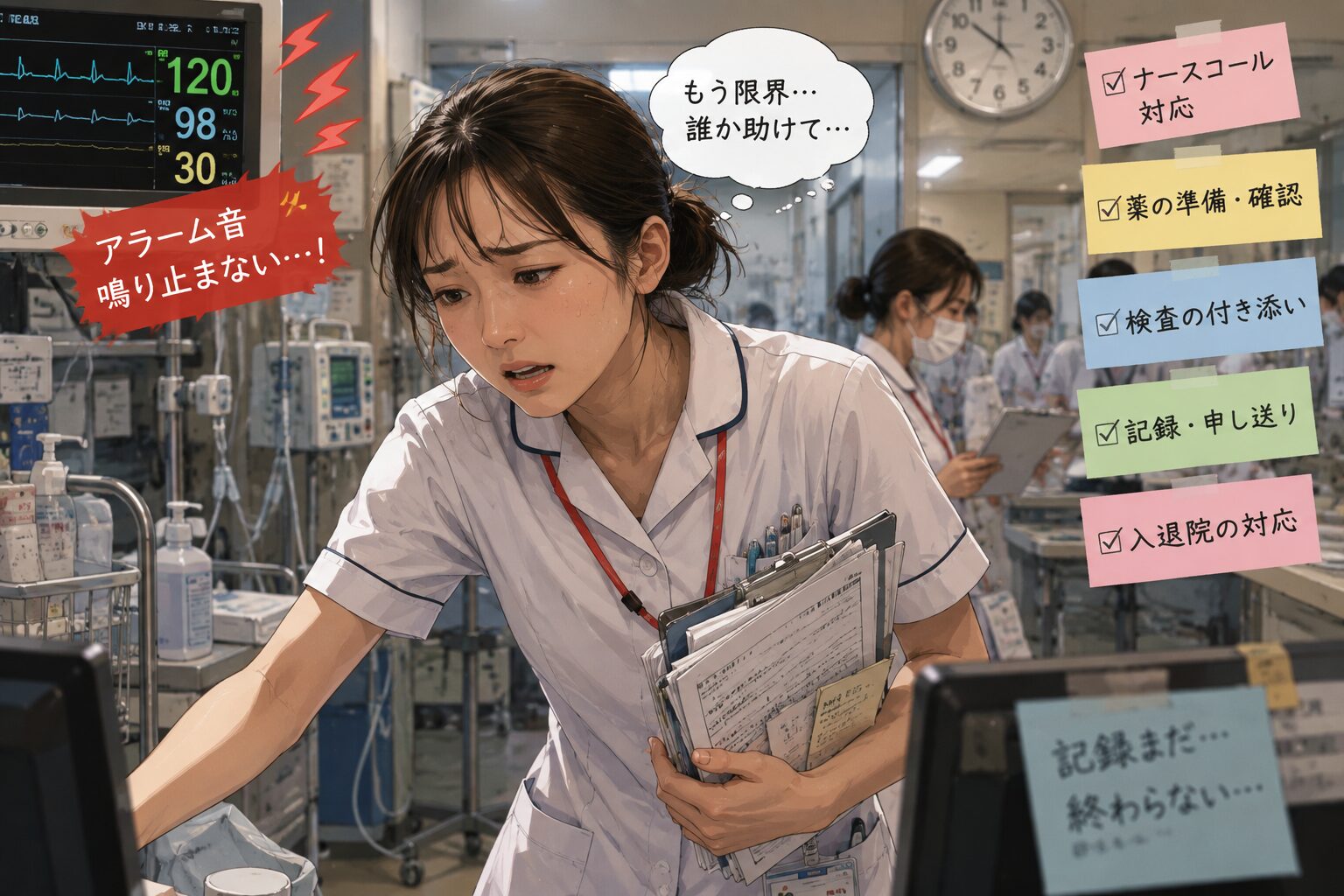 鳴り響くアラームや複数の業務に追われ、疲労困憊の急性期ナース