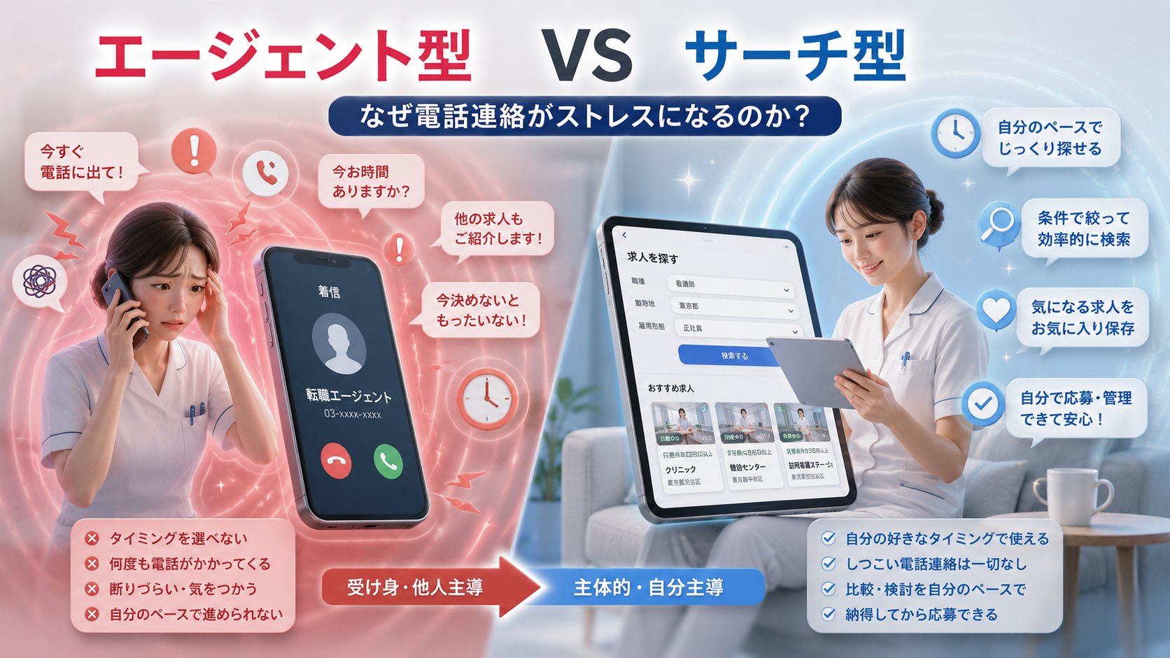 看護師転職のエージェント型とサーチ型を比較し、電話連絡のストレスと自分のペースで求人を探せる違いを示した図解
