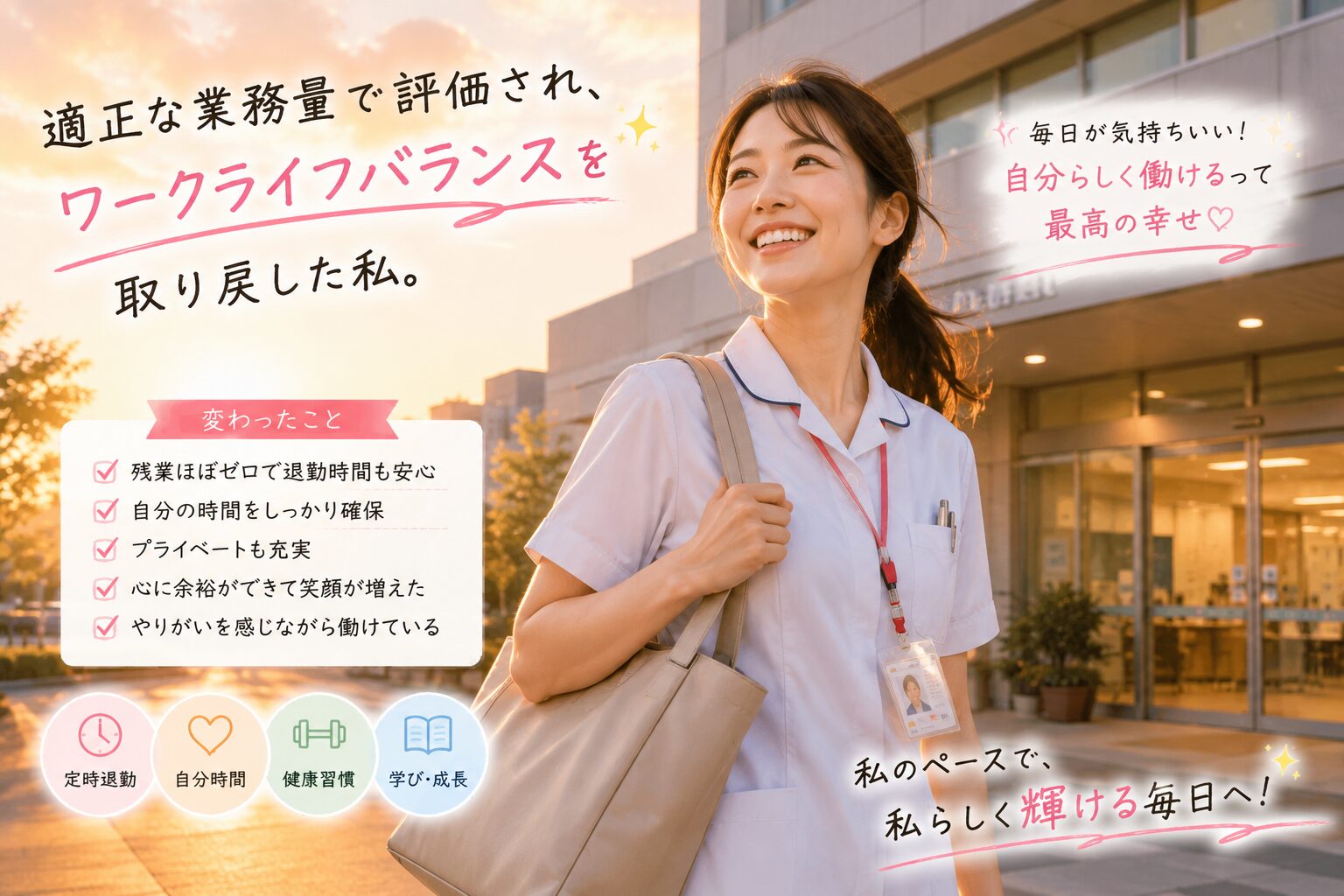 適正な業務量で評価され、ワークライフバランスを取り戻して生き生きと働く看護師