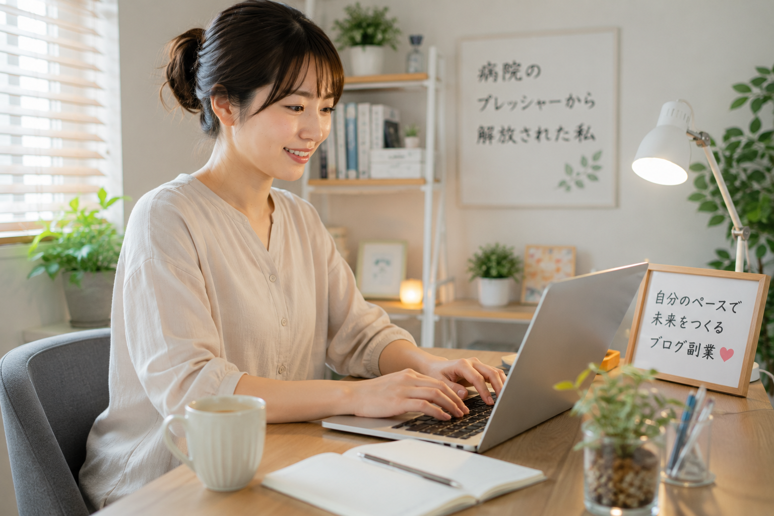 自宅の快適なデスクで、病院のプレッシャーから解放されて楽しくブログ副業に取り組む女性