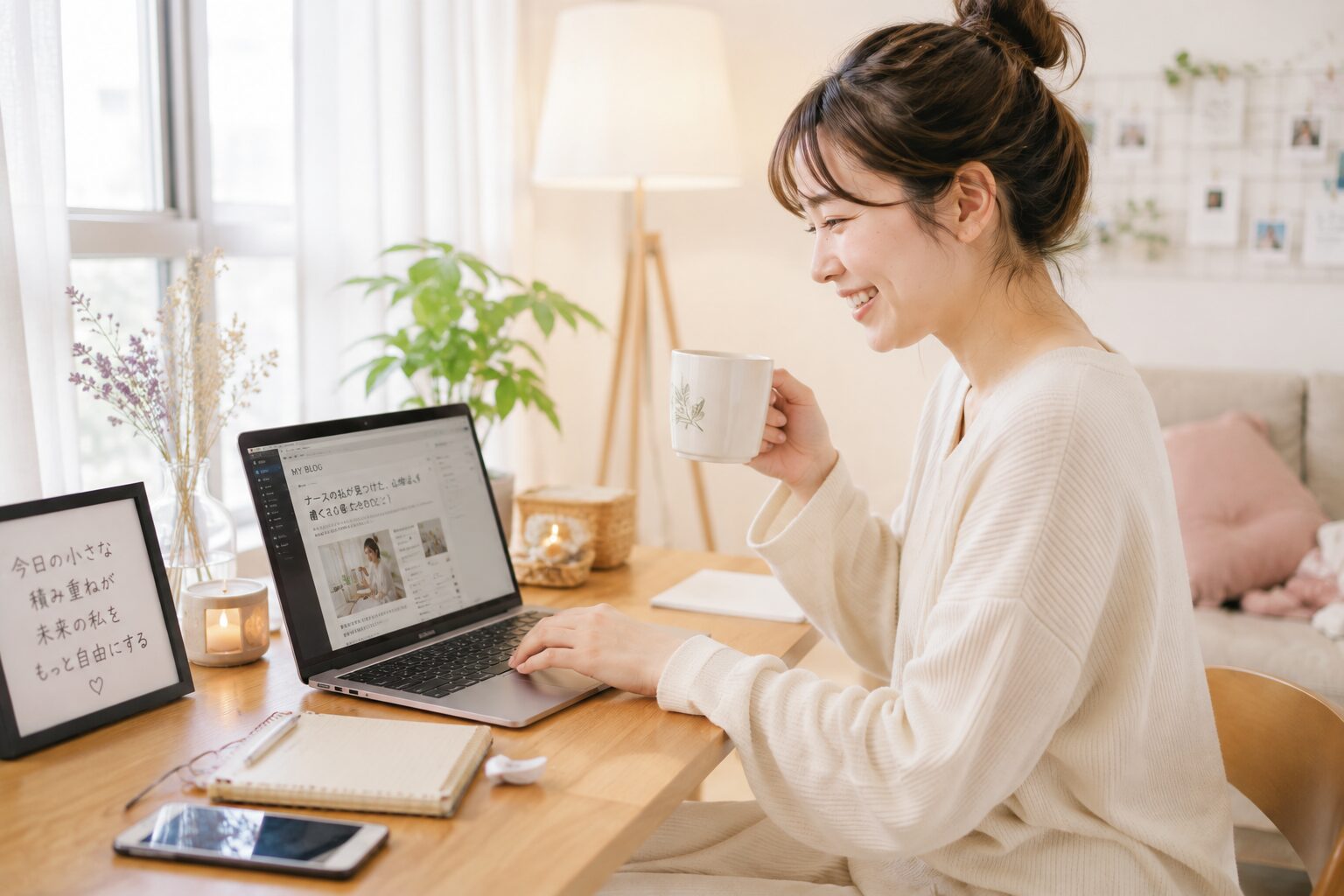 転職して定時で帰れるようになり、休日に自宅でブログ執筆(副業)を楽しむ看護師