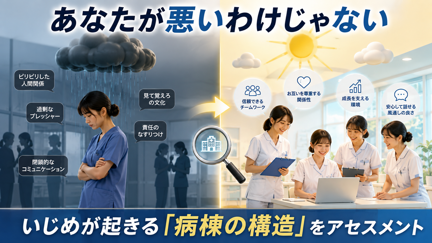 看護師へのいじめが起きる病棟の構造を、孤立しやすい職場と人間関係の良い職場で比較したイメージ