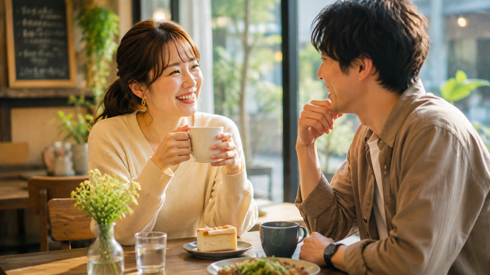 休日のカフェで親しい男性と笑顔で会話し、お互いを理解し合える安心感を感じる女性看護師