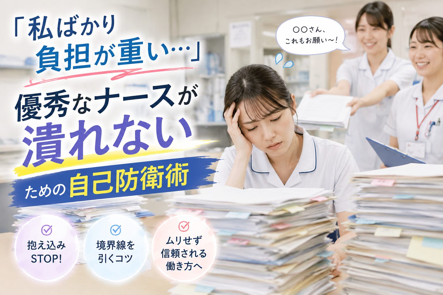 山積みの業務書類を前に、同僚からさらに仕事を頼まれて疲弊している優秀な看護師