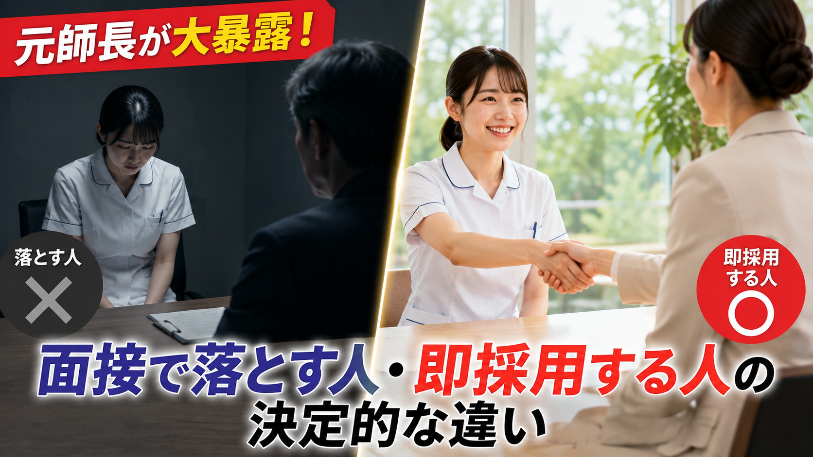 元師長が解説する看護師転職の面接で落とす人と即採用する人の決定的な違いを比較したイメージ