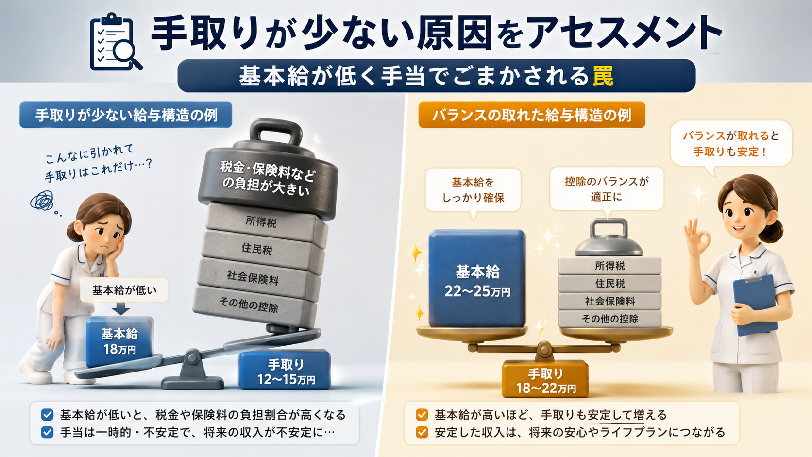 看護師の手取りが少ない原因をアセスメントし、基本給が低く手当で補われる給与構造の注意点を示した比較図解