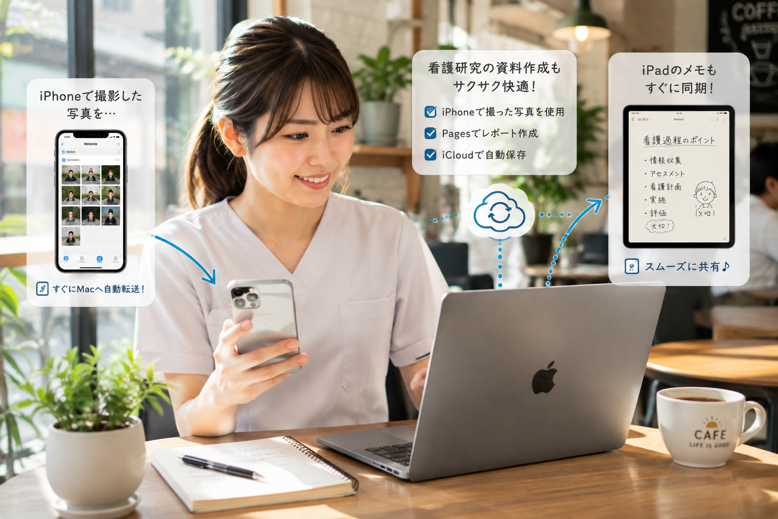 カフェのデスクでiPhoneとMacBookを並べ、写真やデータをスムーズに連携させてスマートに作業する女性
