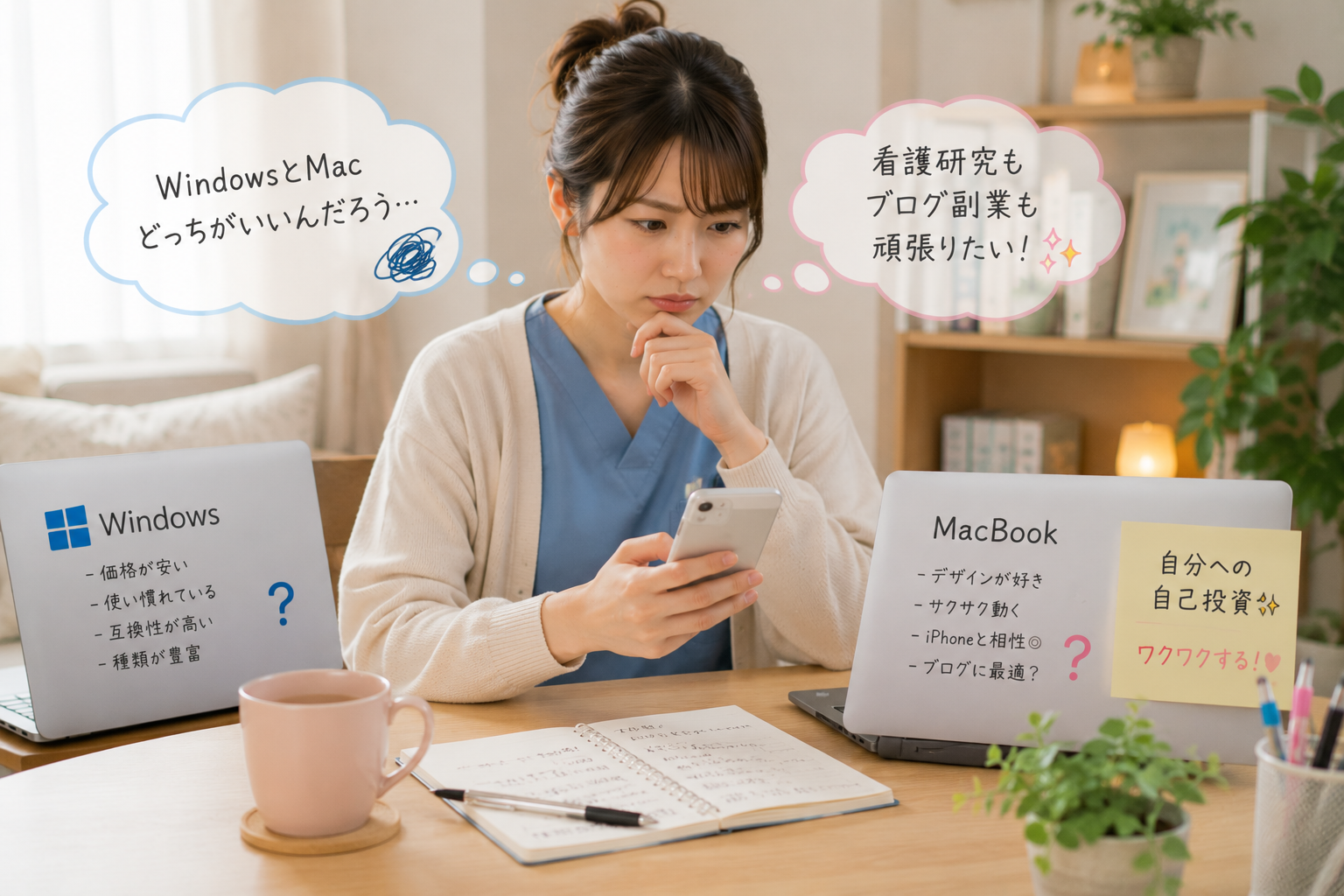 自宅でスマホを見ながら、看護研究やブログ副業のためにWindowsとMacのどちらを買うべきか真剣に悩む女性