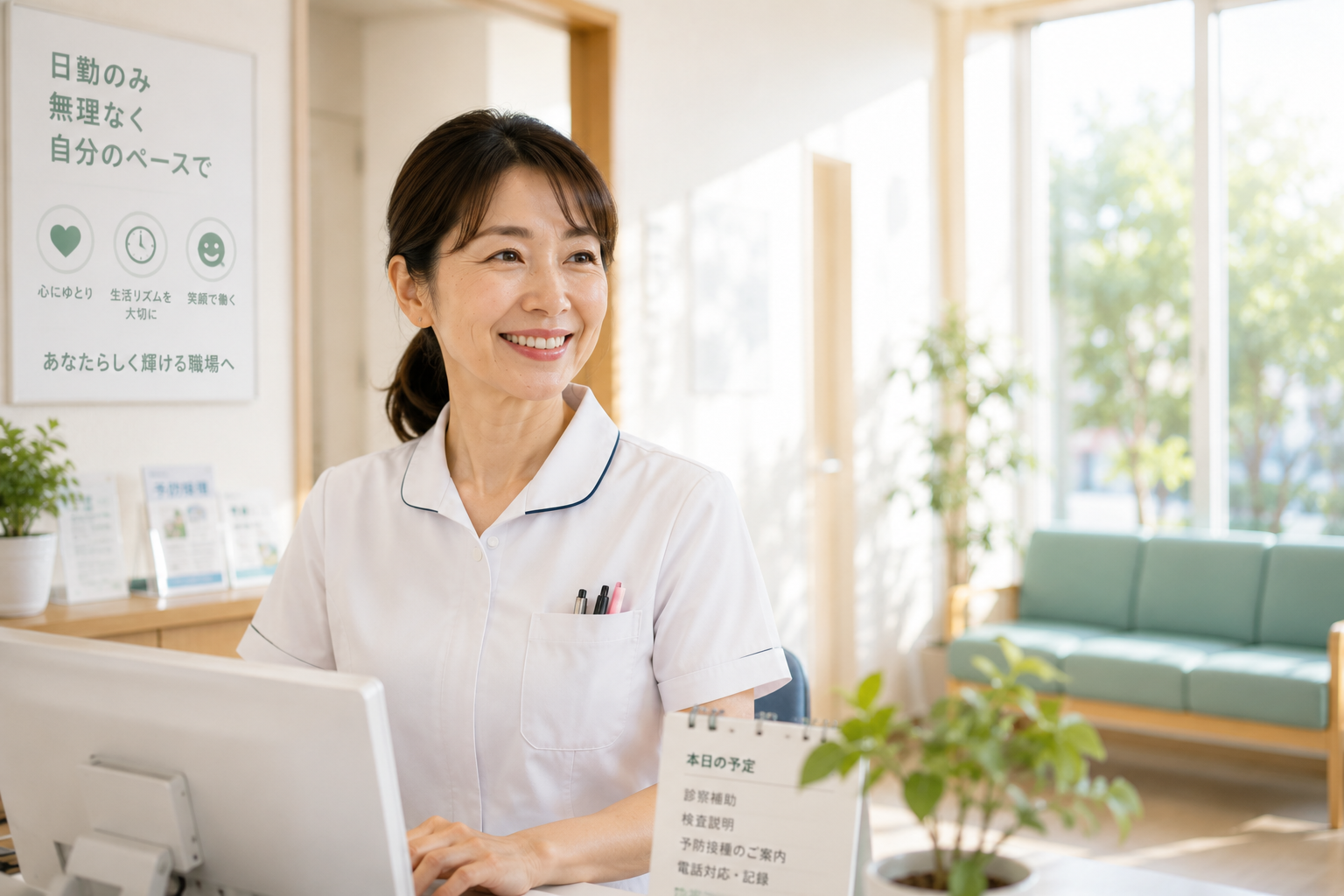 夜勤のない明るいクリニックで、自分のペースを守りながら穏やかな笑顔で働く40代看護師
