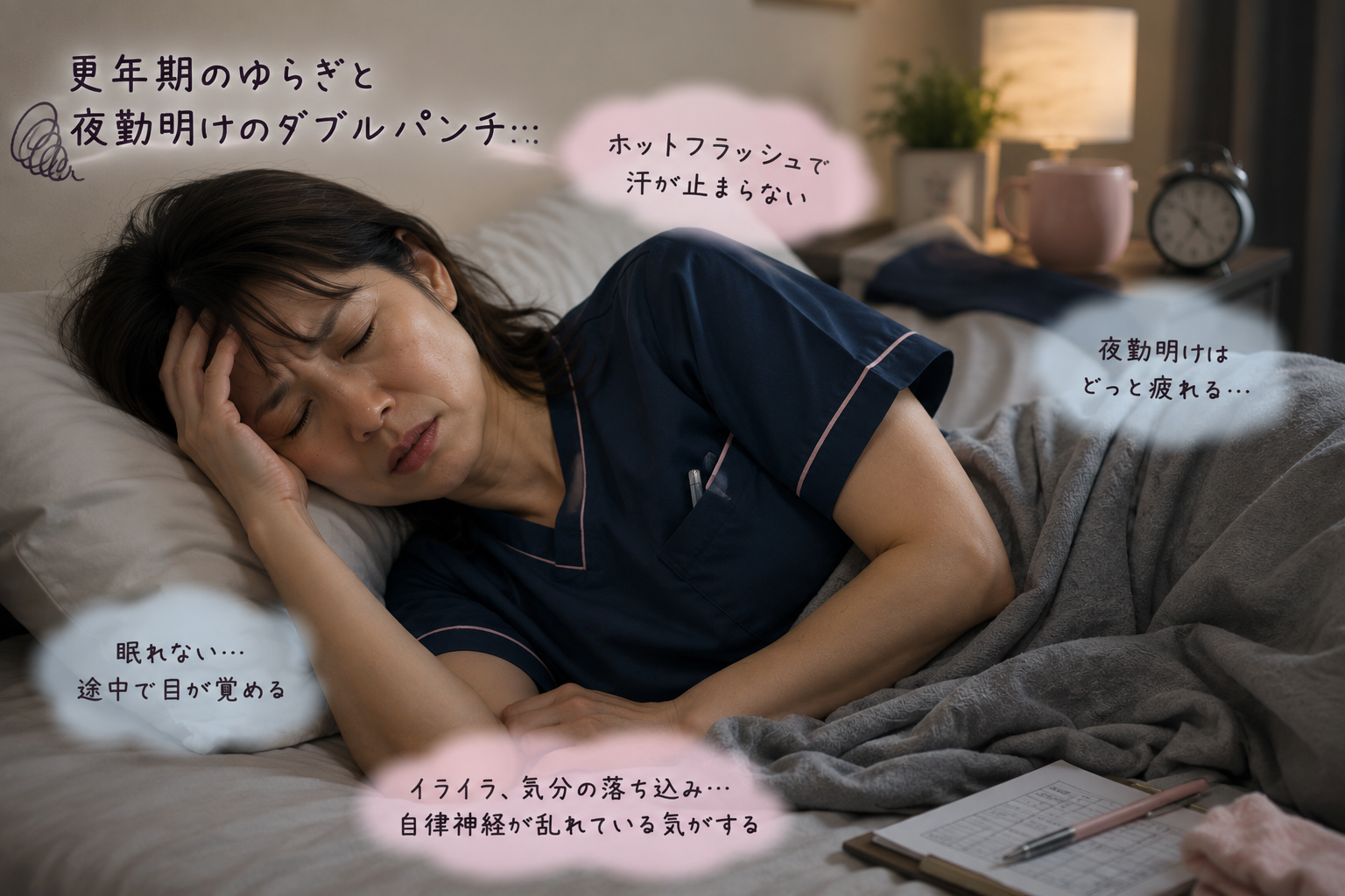 更年期の不調と夜勤明けの激しい疲労感に悩まされ、ベッドで横になり辛そうにする40代看護師
