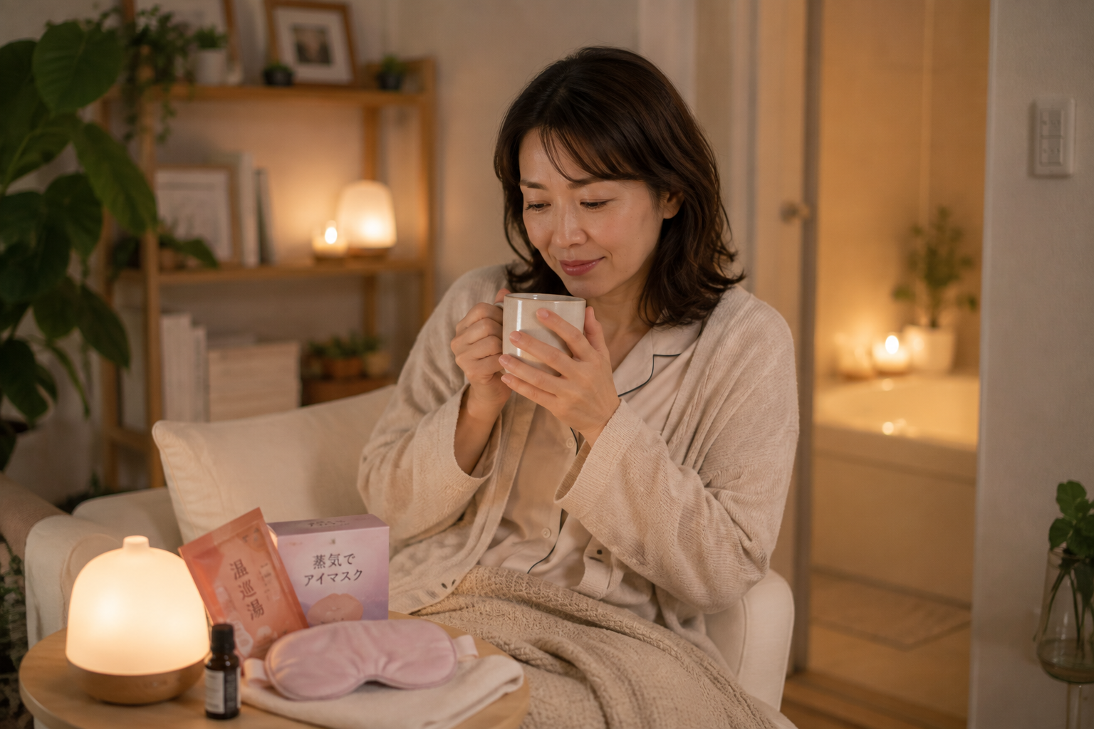 ぬるめの入浴や温活アイテムを取り入れ、自宅でゆったりと自律神経を整える40代看護師