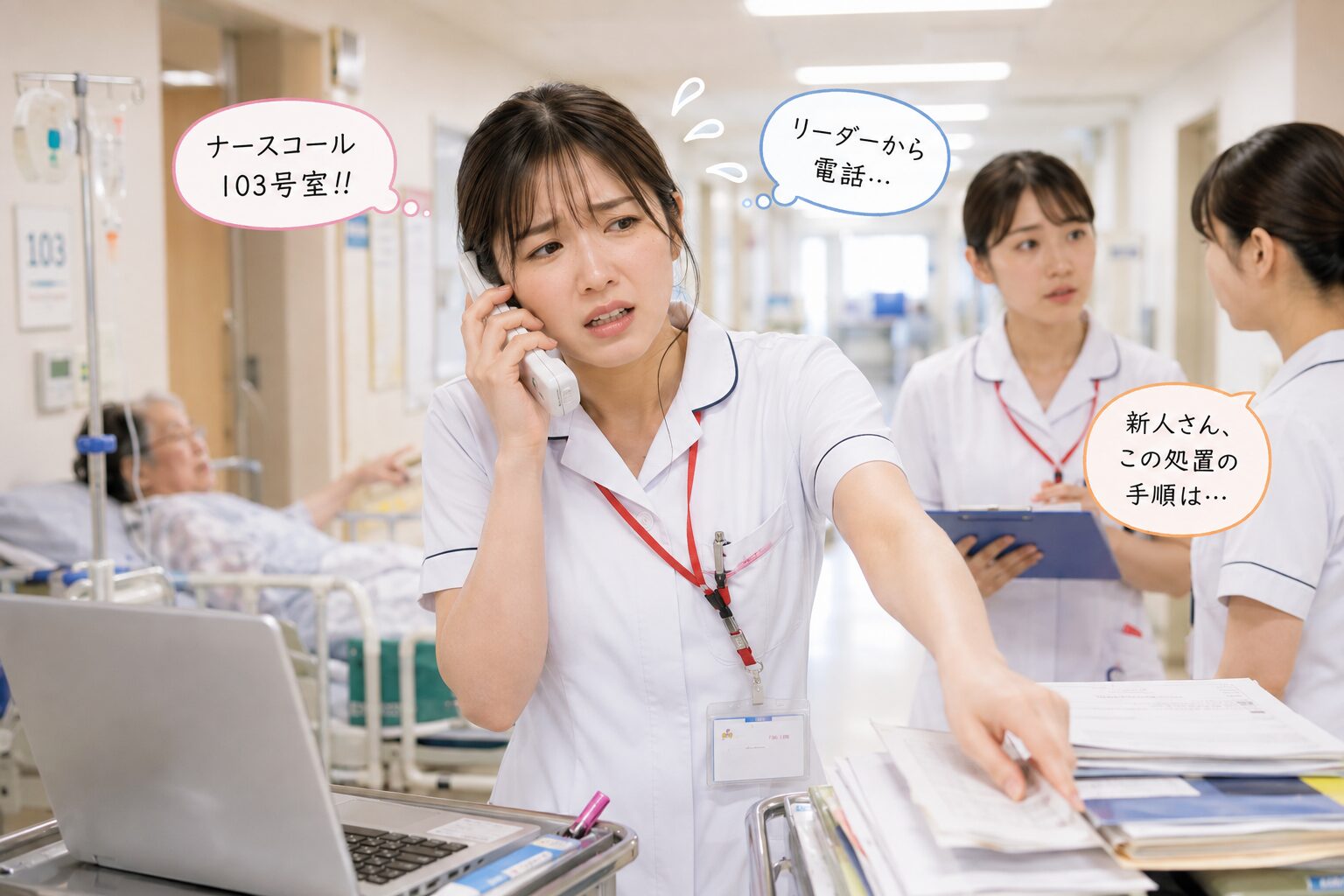 ナースコール、リーダー電話、新人指導を同時にこなしてパンク寸前の看護師