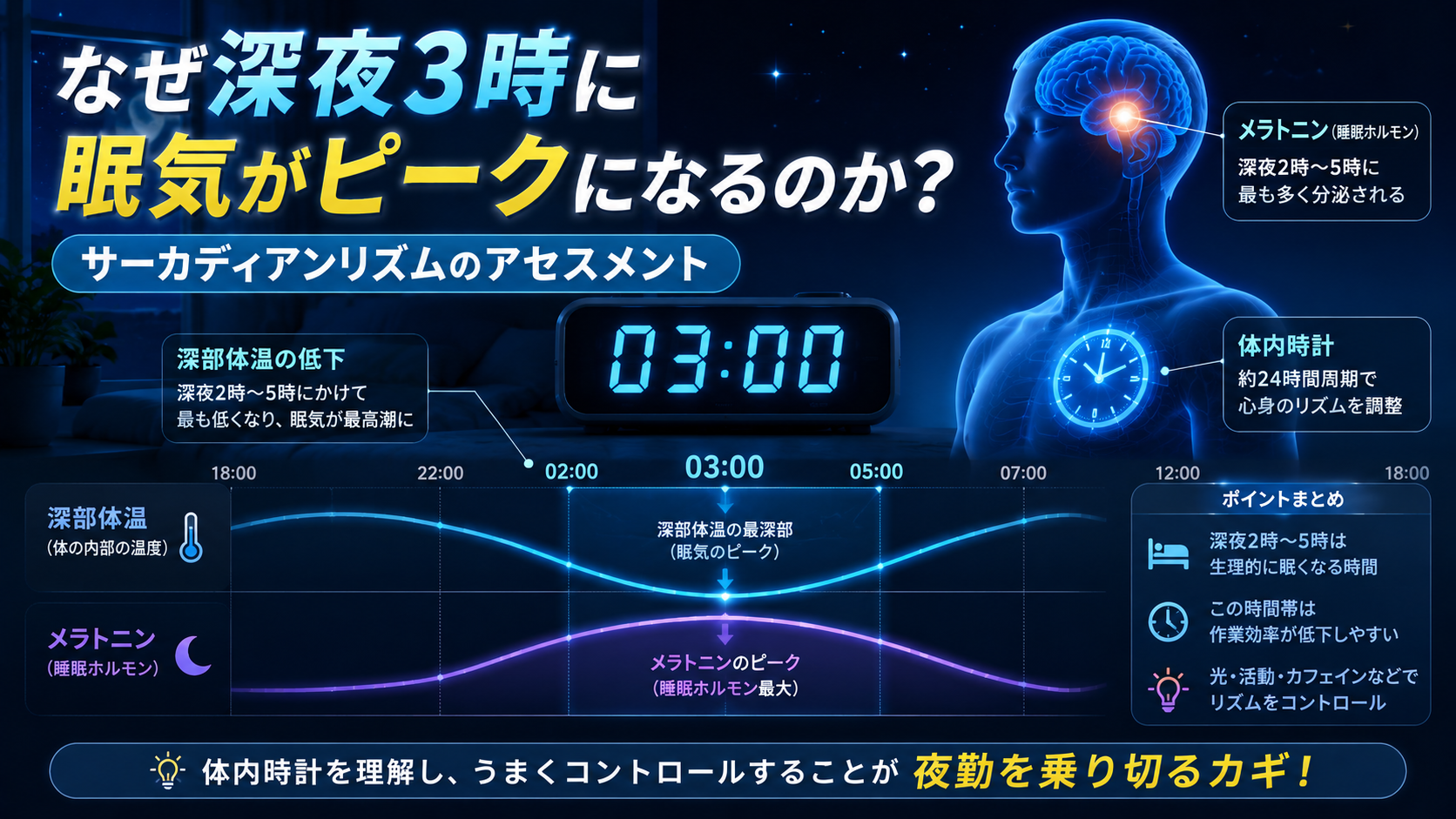 深夜3時に看護師の眠気がピークになる理由を、深部体温とメラトニンの変化から解説したサーカディアンリズムのイメージ