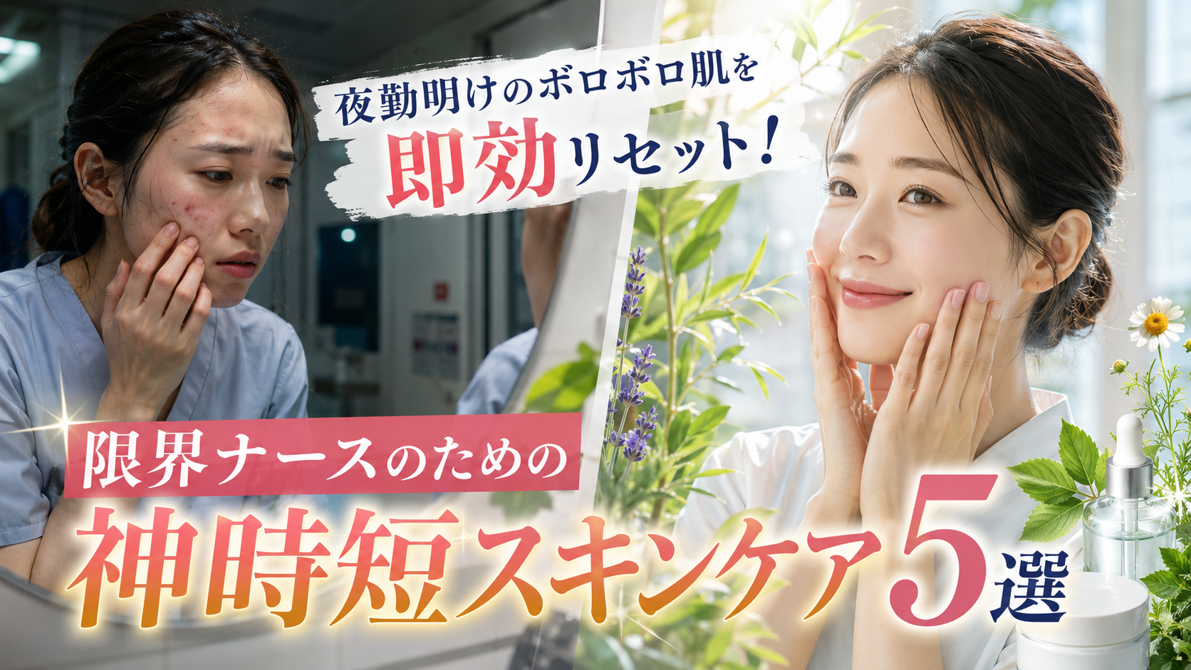 夜勤明けの肌荒れに悩む女性看護師と、時短スキンケアで明るく健やかな肌になった様子を比較したイメージ