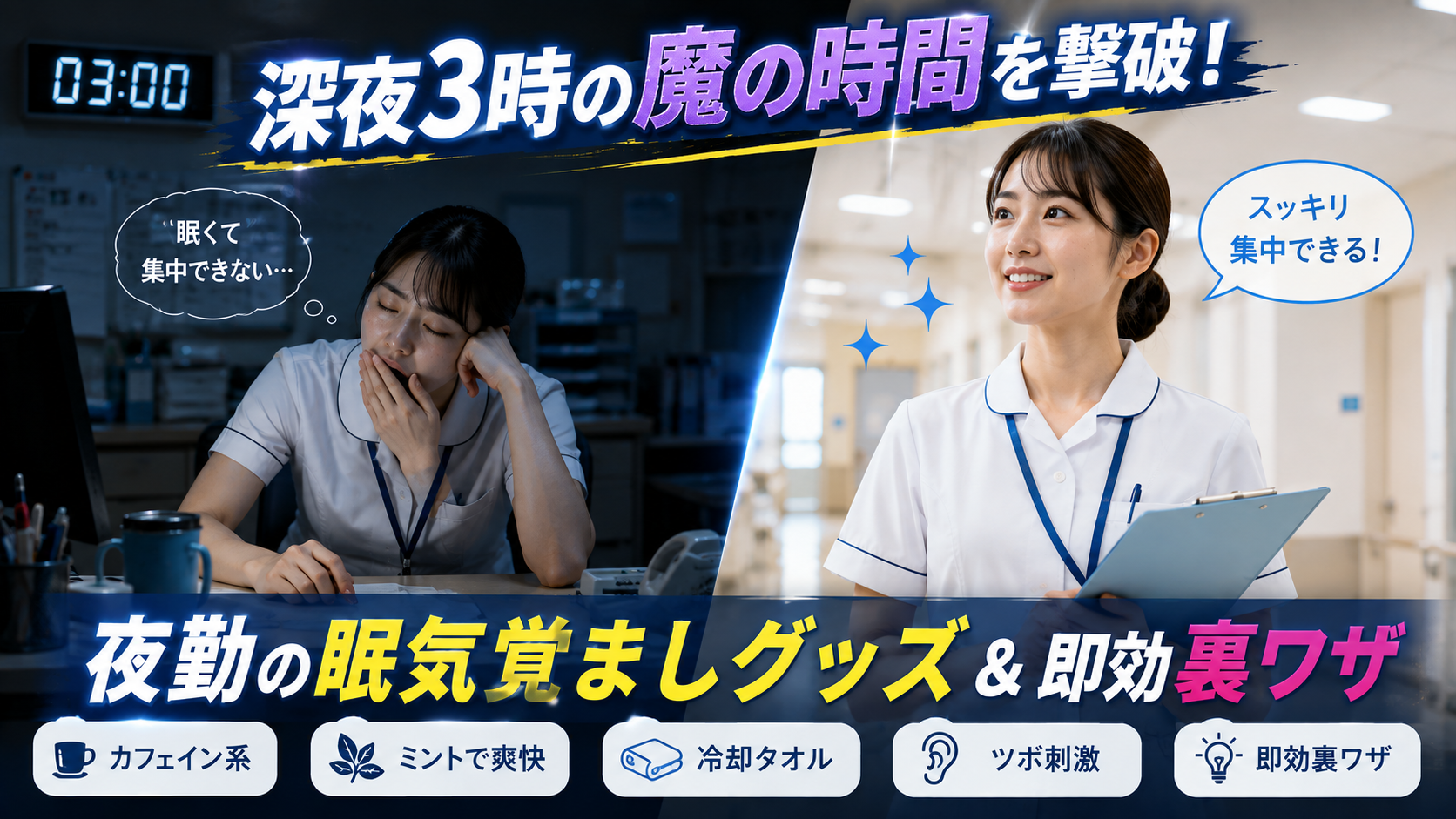 深夜3時の夜勤で強い眠気に悩む看護師と、眠気覚ましグッズや即効裏ワザでスッキリ働く看護師の比較イメージ