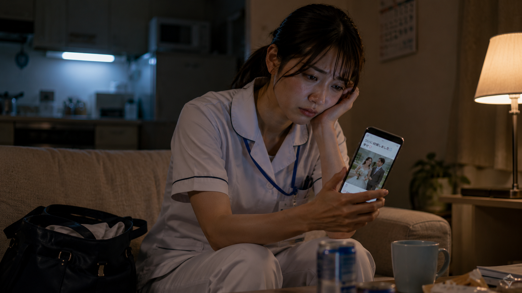 夜勤明けに友人の結婚写真をスマートフォンで見て周囲と比べて落ち込む20代女性看護師