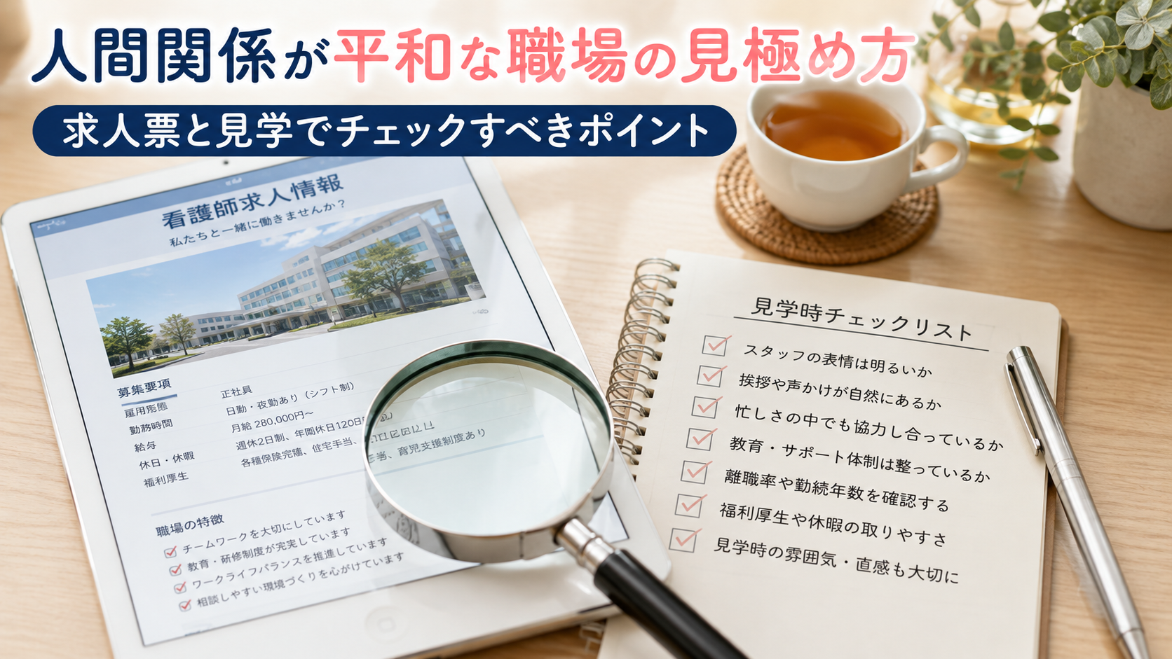 人間関係が平和な職場を見極めるため、看護師求人票と職場見学のチェックポイントを確認するイメージ