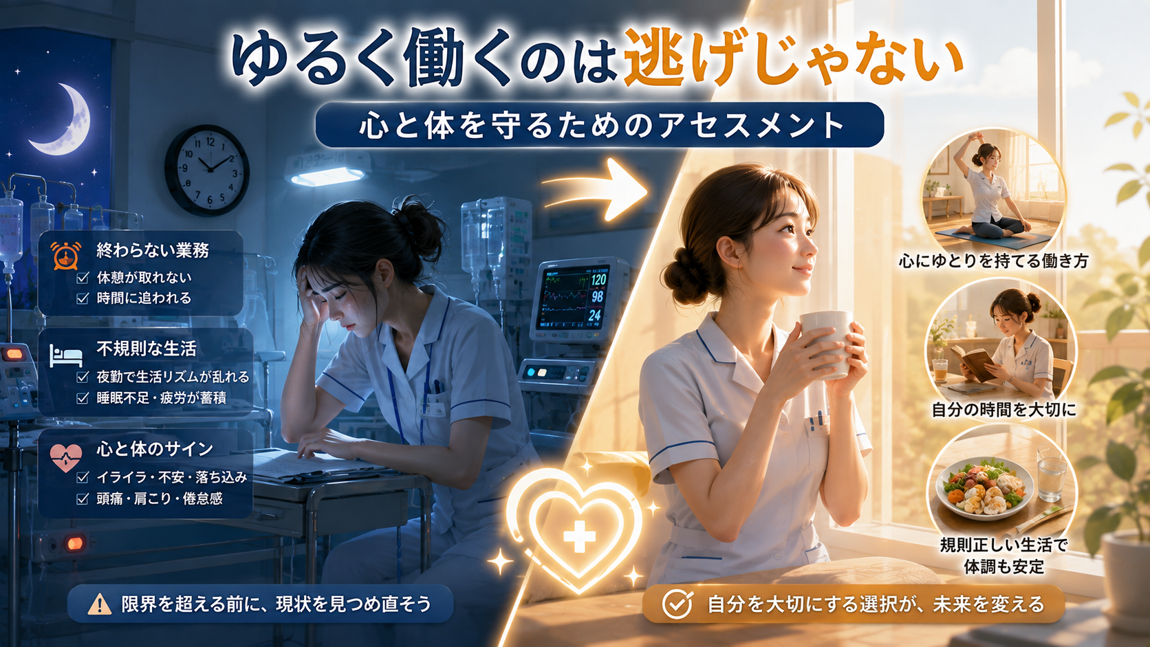 激務や夜勤で疲れた看護師と、心と体を守るためにゆるく働く環境を選んだ看護師を比較したアセスメント図解