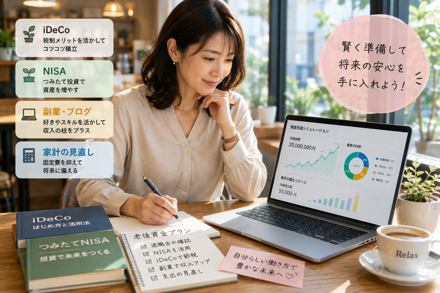 カフェのデスクでノートパソコンを開き、投資(iDeCoやNISA)や副業で賢く資産形成の計画を立てる女性