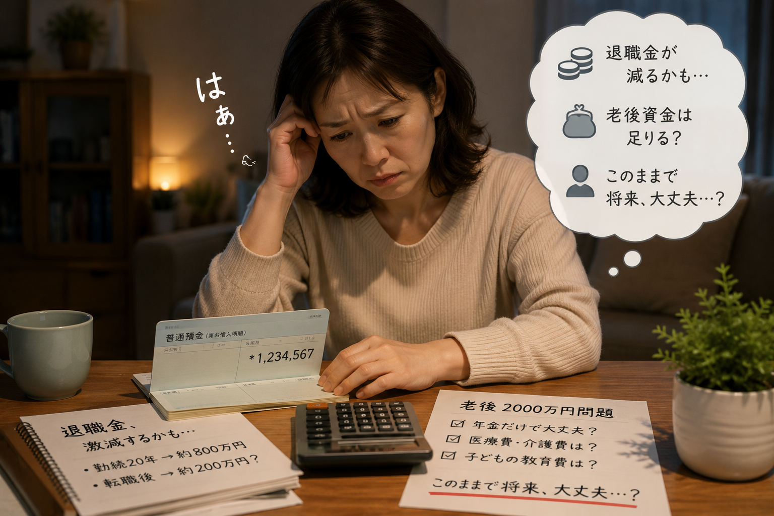 自宅のテーブルで通帳や計算機を見つめ、退職金の減額や老後資金の不安に深くため息をつく40代女性