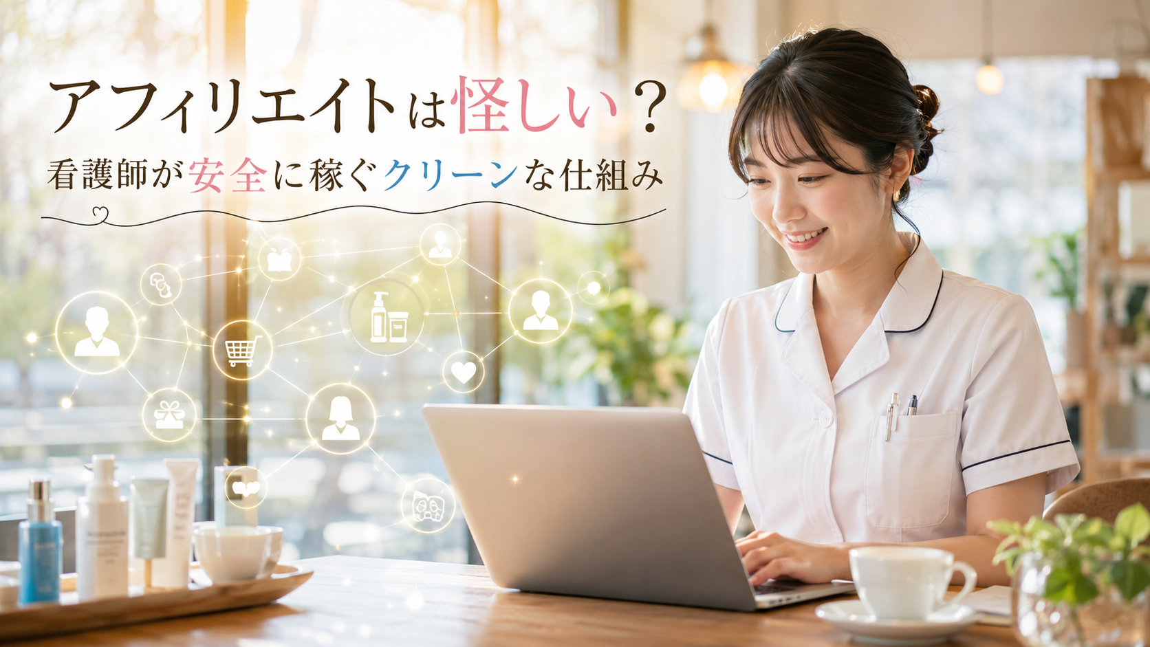 カフェでブログを書く女性看護師と、アフィリエイトで安全に収益化するクリーンな仕組みのイメージ