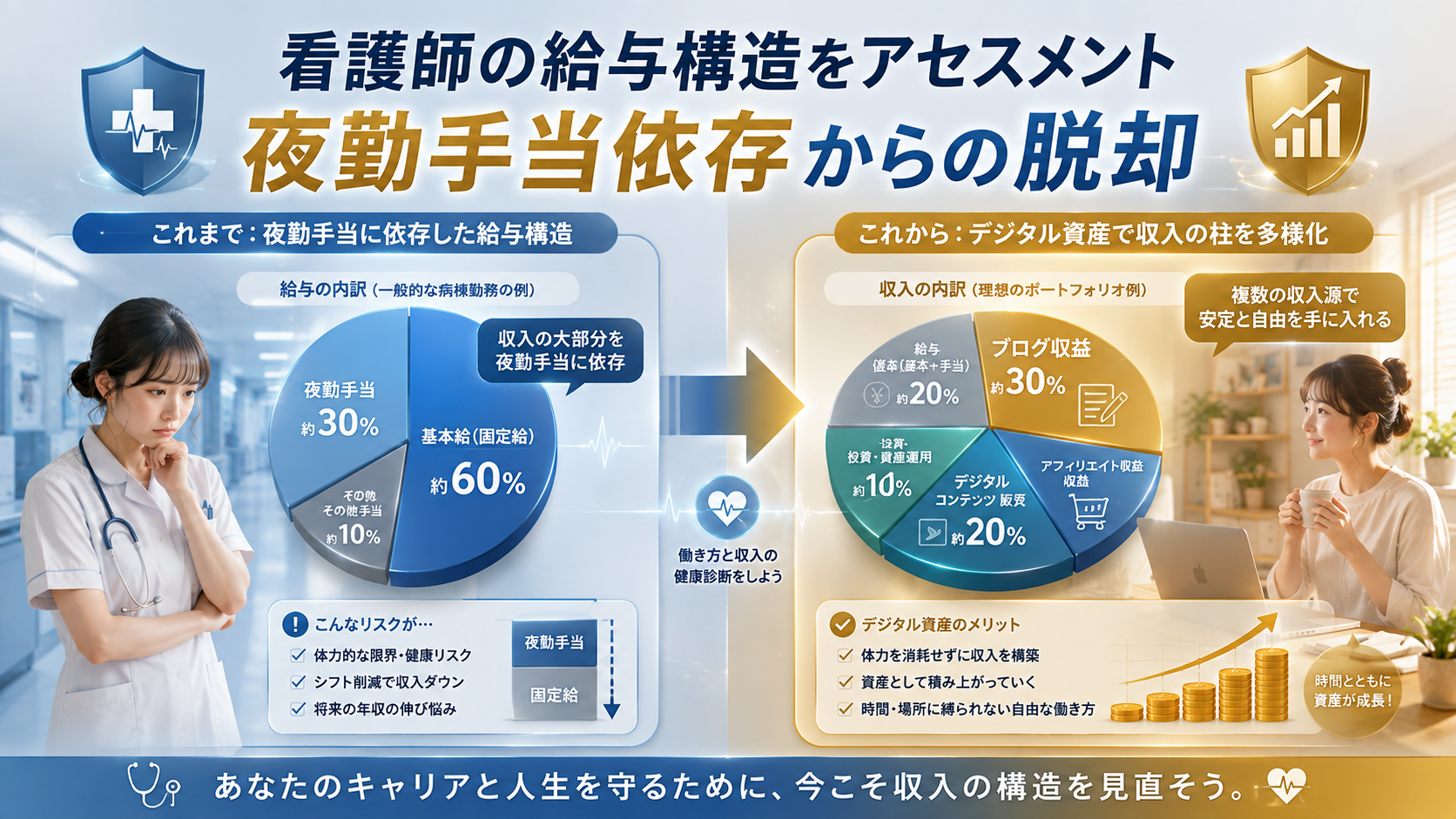 看護師の給与構造と夜勤手当への依存をアセスメントし、ブログなど複数の収入源へ分散する考え方を比較した図解
