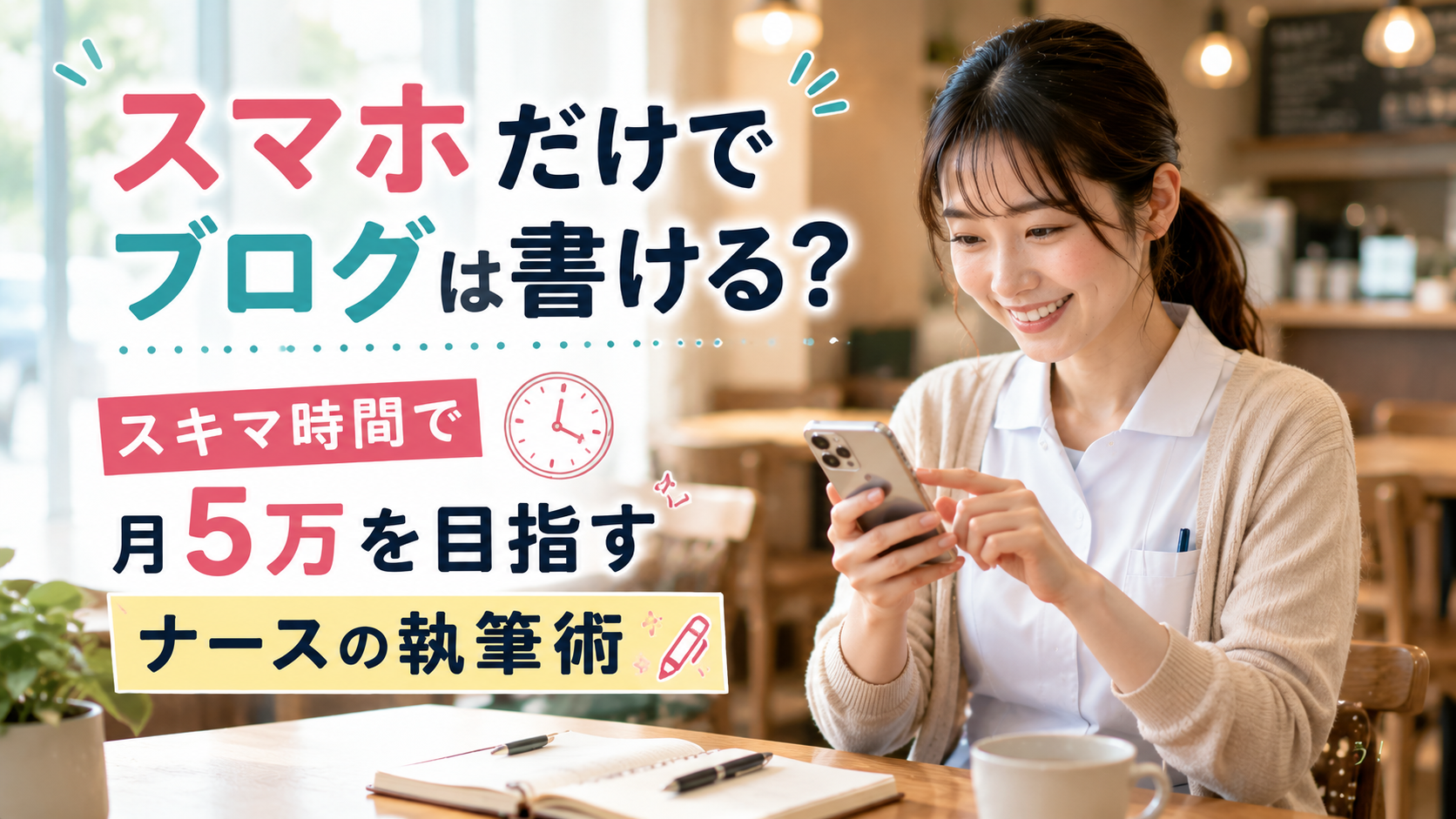 カフェのスキマ時間にスマホでブログ記事を書く女性看護師｜月5万円を目指すスマホブログ執筆術