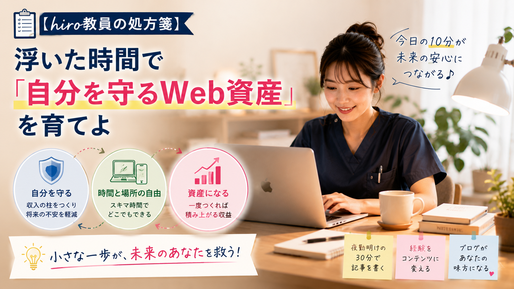 看護師が浮いた時間を活用してブログを執筆し、将来の収入と自由につながる自分を守るWeb資産を育てる様子