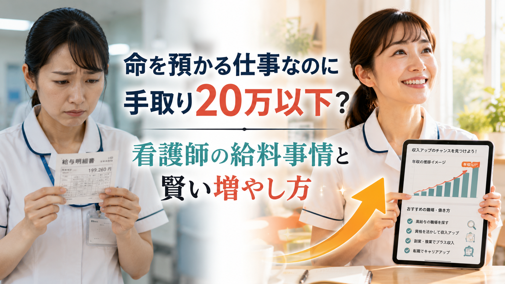 手取り20万円以下の給料に悩む看護師と、転職や働き方の見直しで収入アップを目指す看護師の比較イメージ