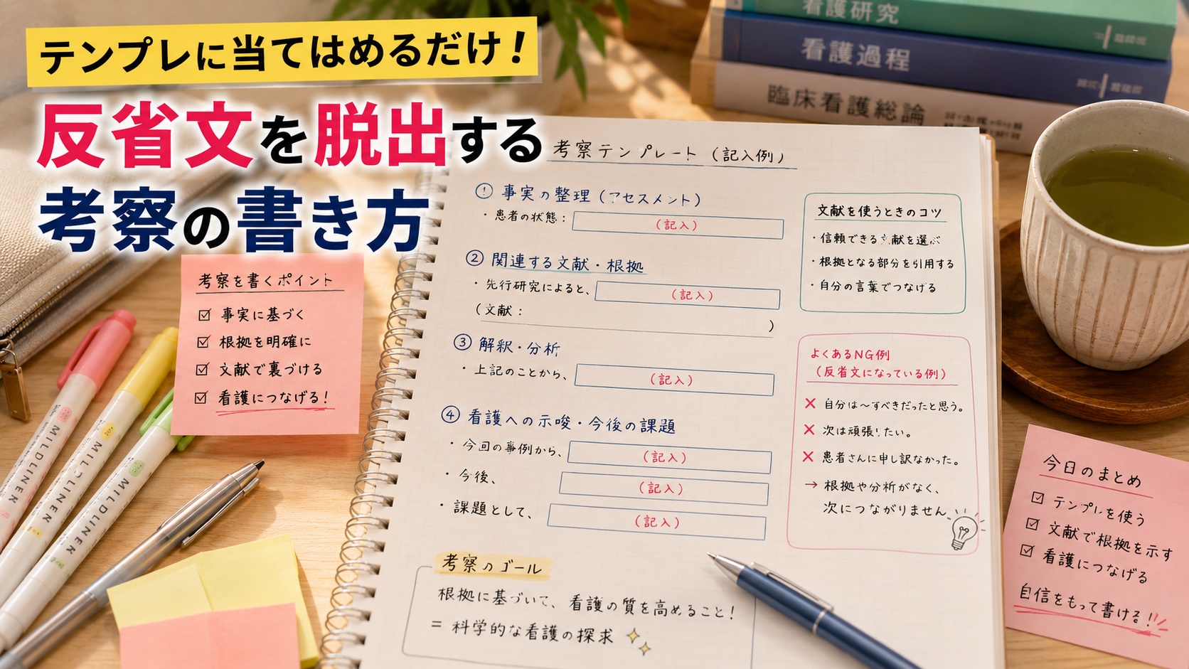看護学生が反省文から脱出し、事実・文献・根拠をもとに考察を書くためのケーススタディ用テンプレート