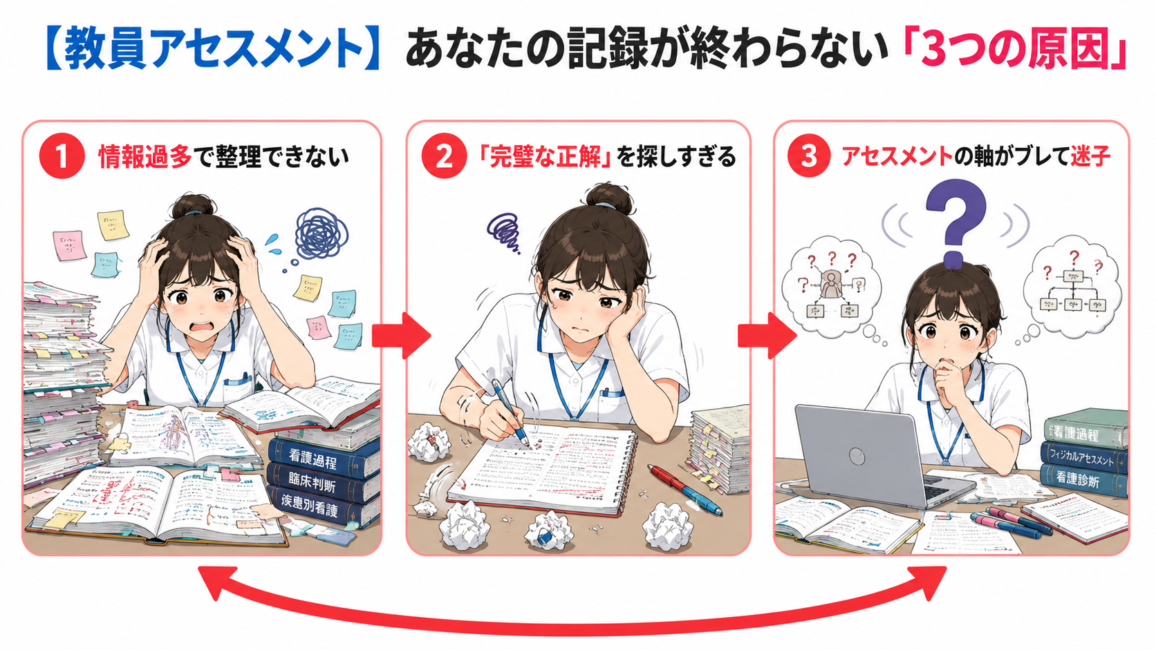 看護実習の記録が終わらない原因として、情報過多で整理できない・完璧な正解を探しすぎる・アセスメントの軸がブレて迷うという3つの原因を示した図解