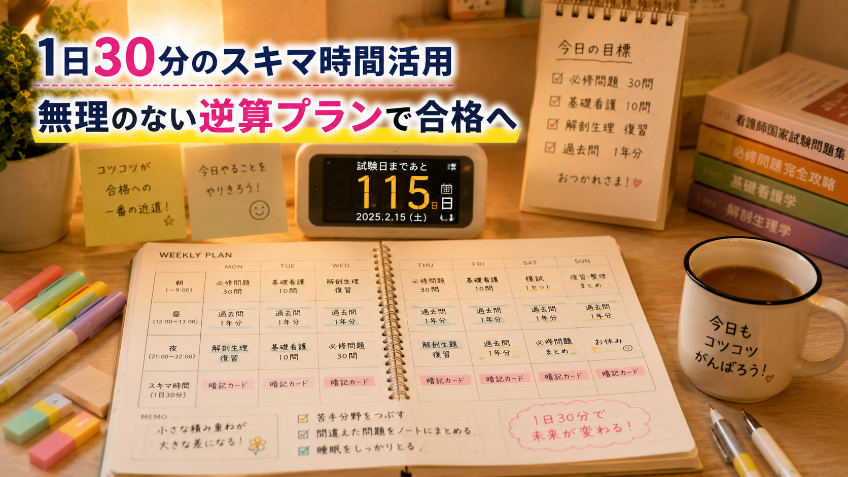 看護師国家試験に向けて1日30分のスキマ時間を活用し、無理のない逆算スケジュールで合格を目指す学習計画
