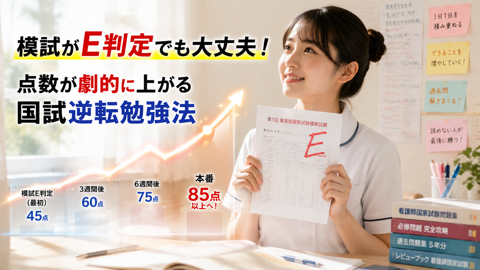 看護師国家試験の模試でE判定から点数アップを目指し、逆転合格に向けて勉強する看護学生