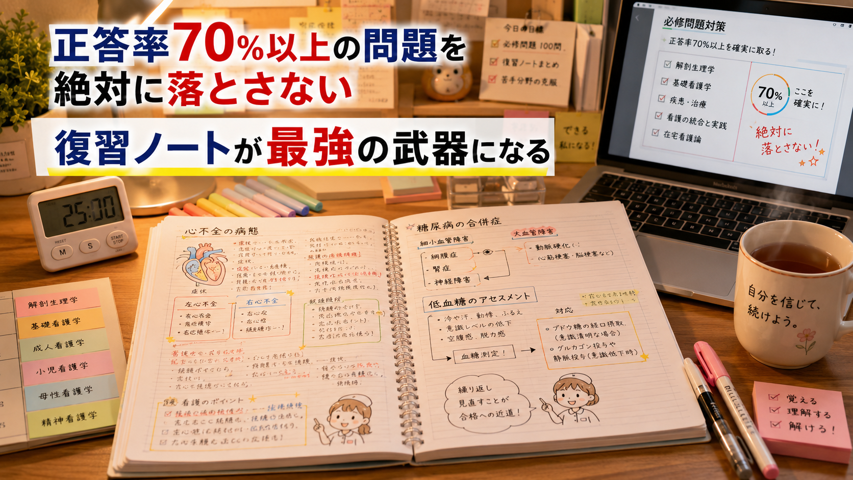 看護師国家試験で正答率70%以上の問題を確実に得点するため、復習ノートを活用して学習する看護学生の勉強机