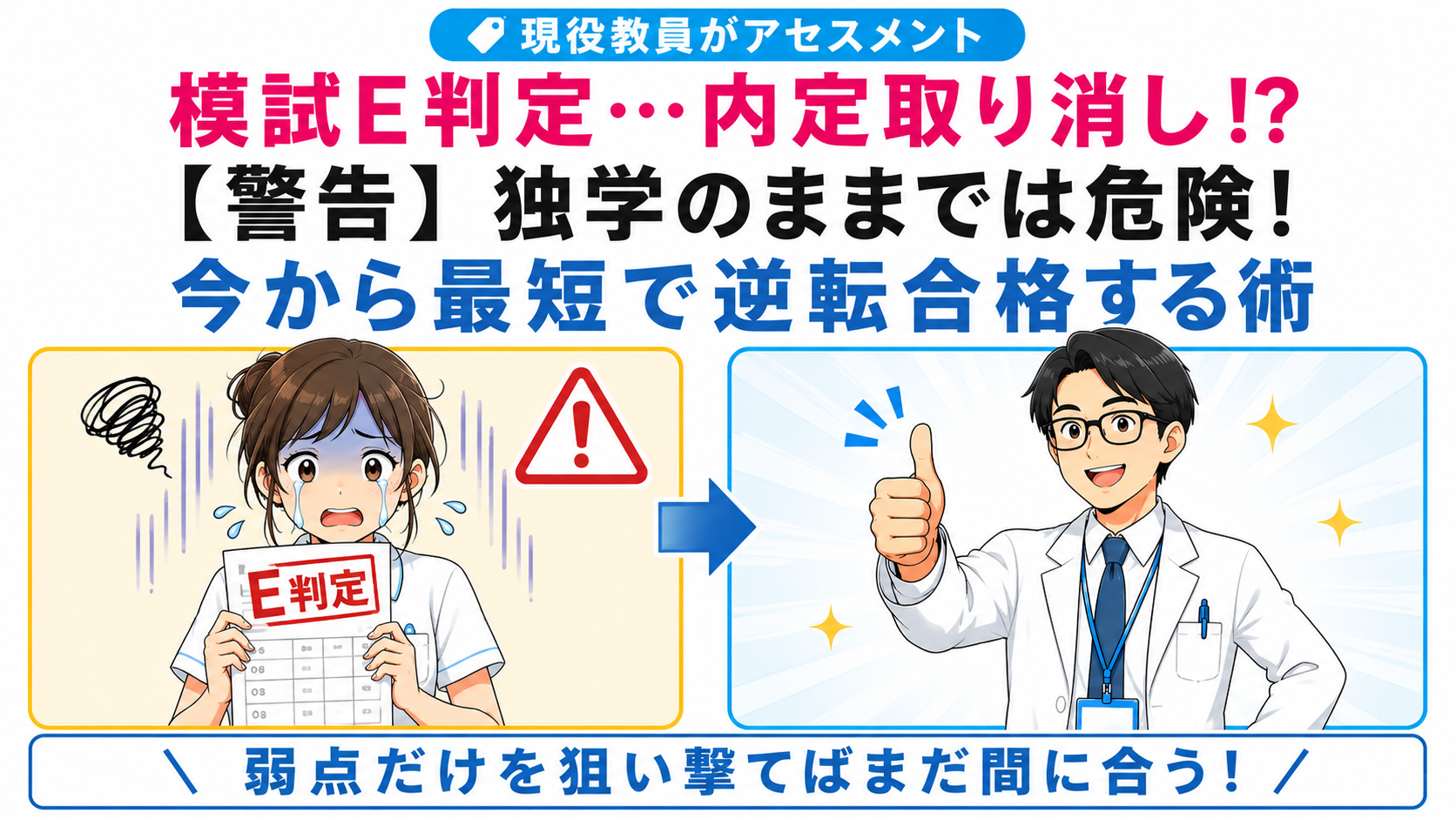 看護師国家試験の模試でE判定を受けて不安になる看護学生と、「まだ間に合う」と励ます現役hiro教員。弱点を重点的に対策して逆転合格を目指す勉強法を紹介。