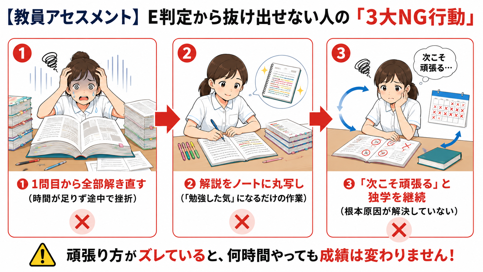 看護師国家試験の模試E判定から抜け出せない学生に多い3つのNG復習法。全問解き直し、解説の丸写し、自己流の独学継続を図解し、成績が伸びない原因を解説。