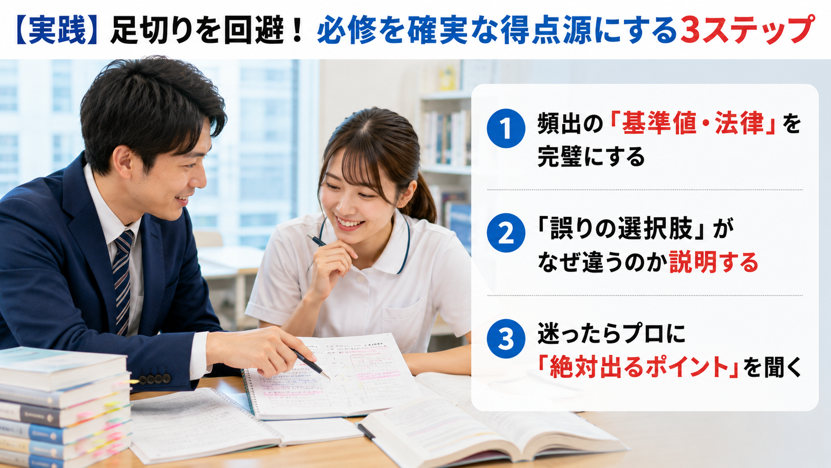 看護師国家試験の必修問題を得点源にするため、看護学生が講師から1対1で指導を受け、理解を深めている様子。基準値・法律、誤答の根拠、頻出ポイントを押さえる3ステップを紹介。