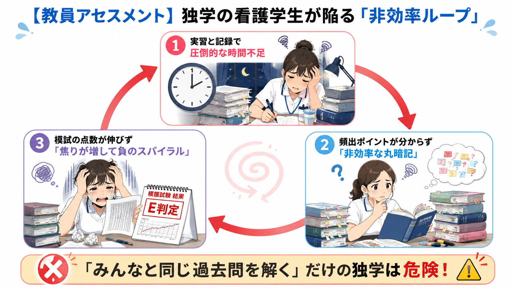看護学生が独学で国試対策を進める中で、実習記録による時間不足・頻出ポイントを絞れない非効率な暗記・模試の点数が伸びず焦りが増える流れを示した図解