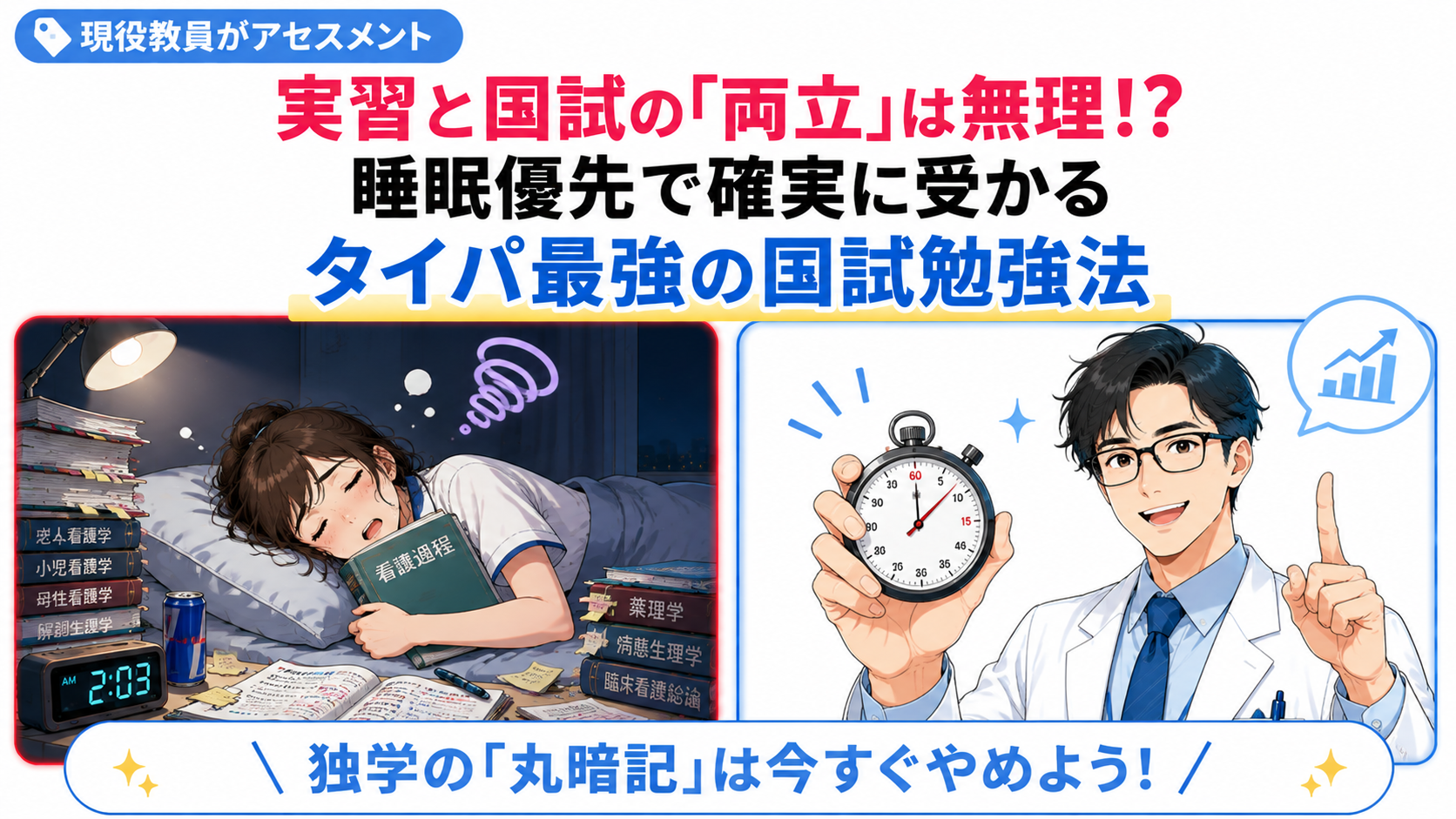 実習と国試勉強の両立で疲れて寝落ちする看護学生と、ストップウォッチを使って睡眠を優先した効率的な国家試験勉強法を提案する看護教員を描いたアイキャッチ画像